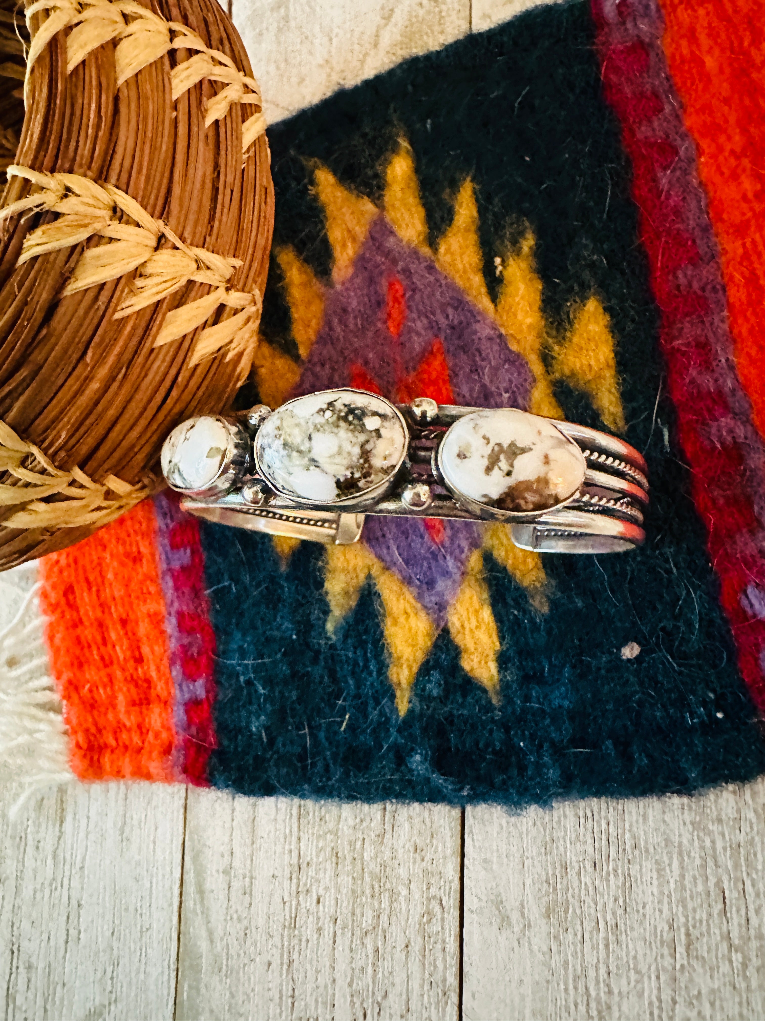 Navajo Sterling Silver & White Buffalo Cuff Bracelet