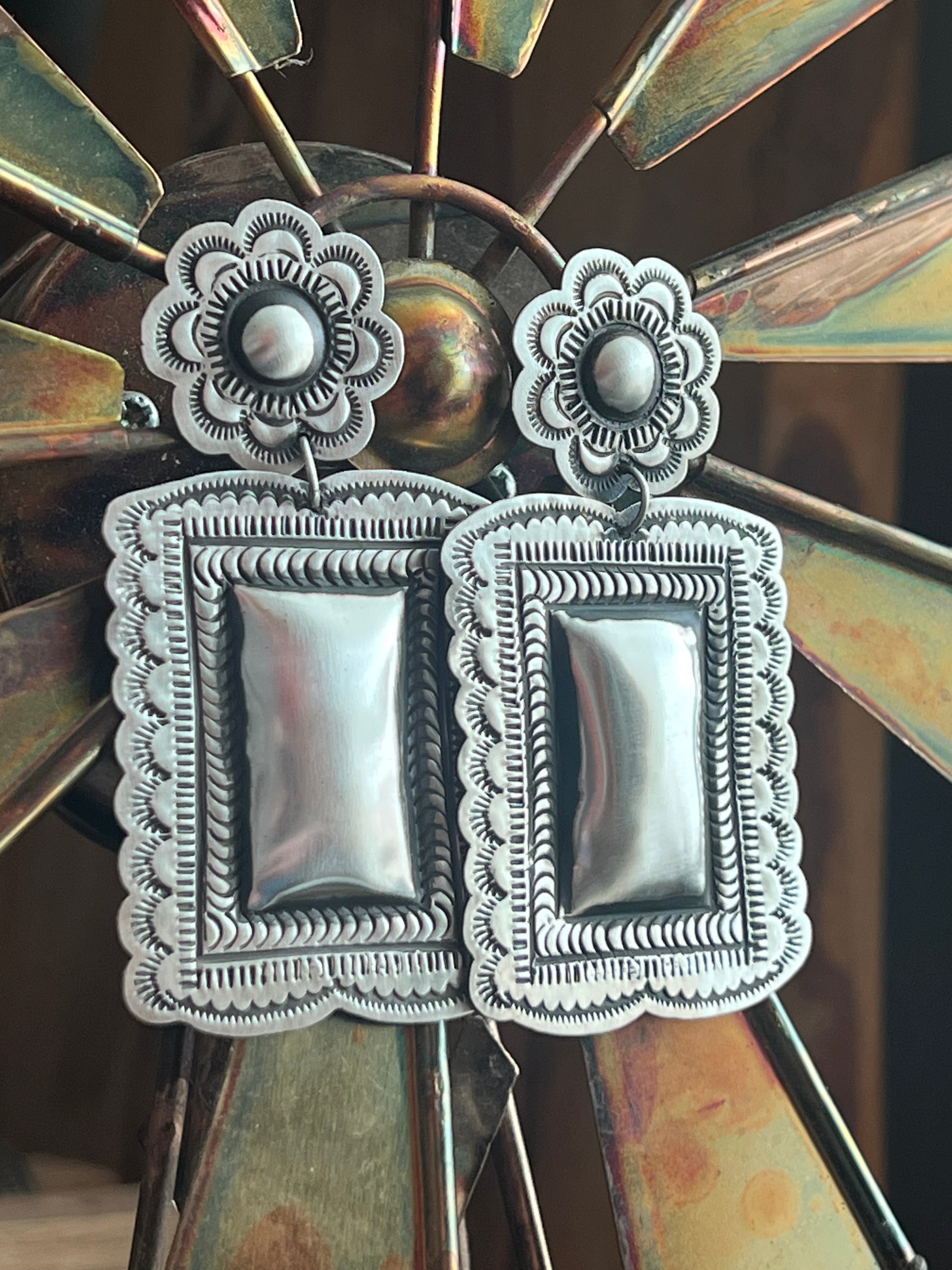 Handcrafted Sterling Silver Stamped Repousse Rectangle Earrings by Leander Tahe, R2