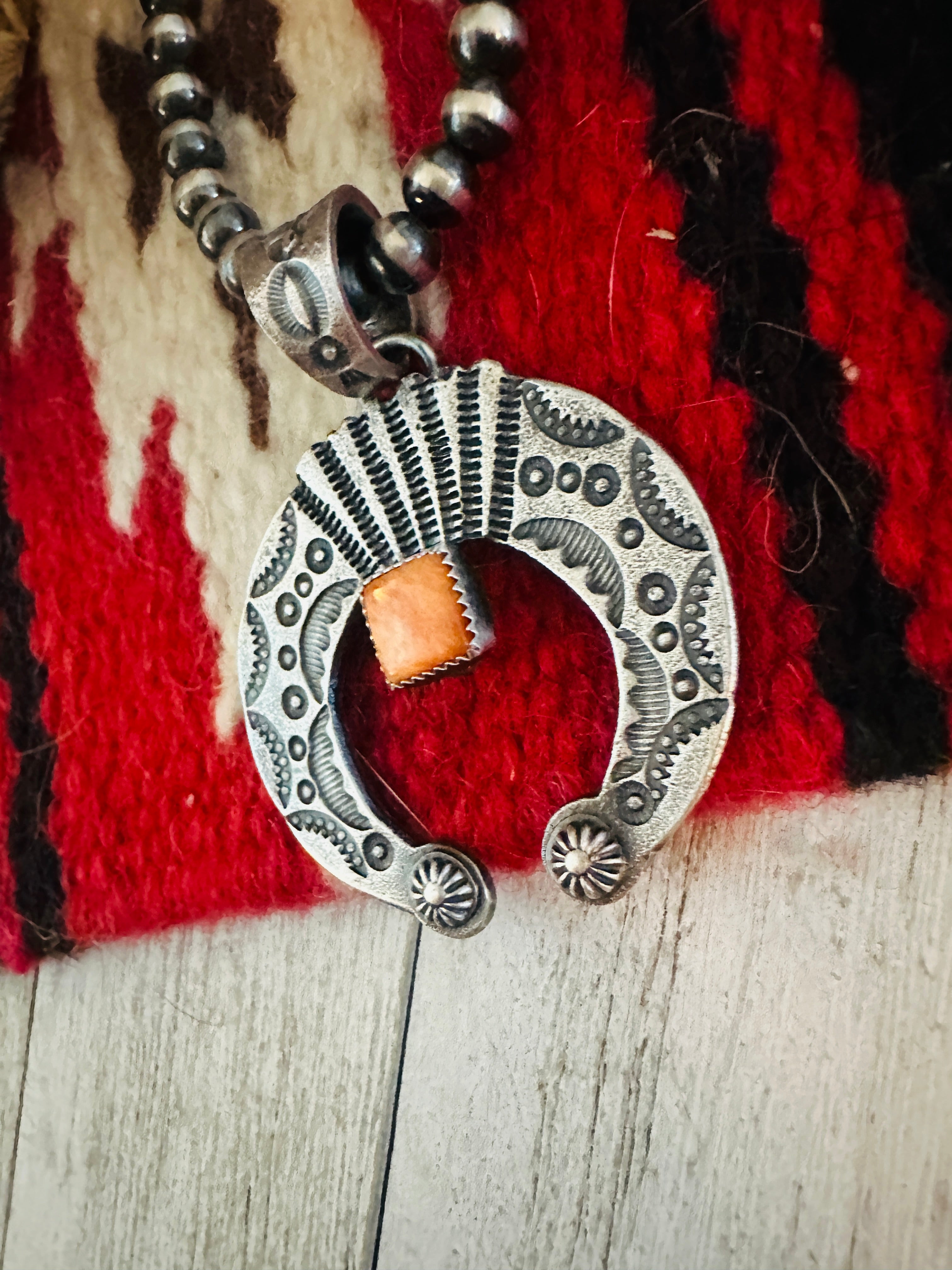 Navajo Sterling Silver & Orange Spiny Naja Pendant by Kevin Billah