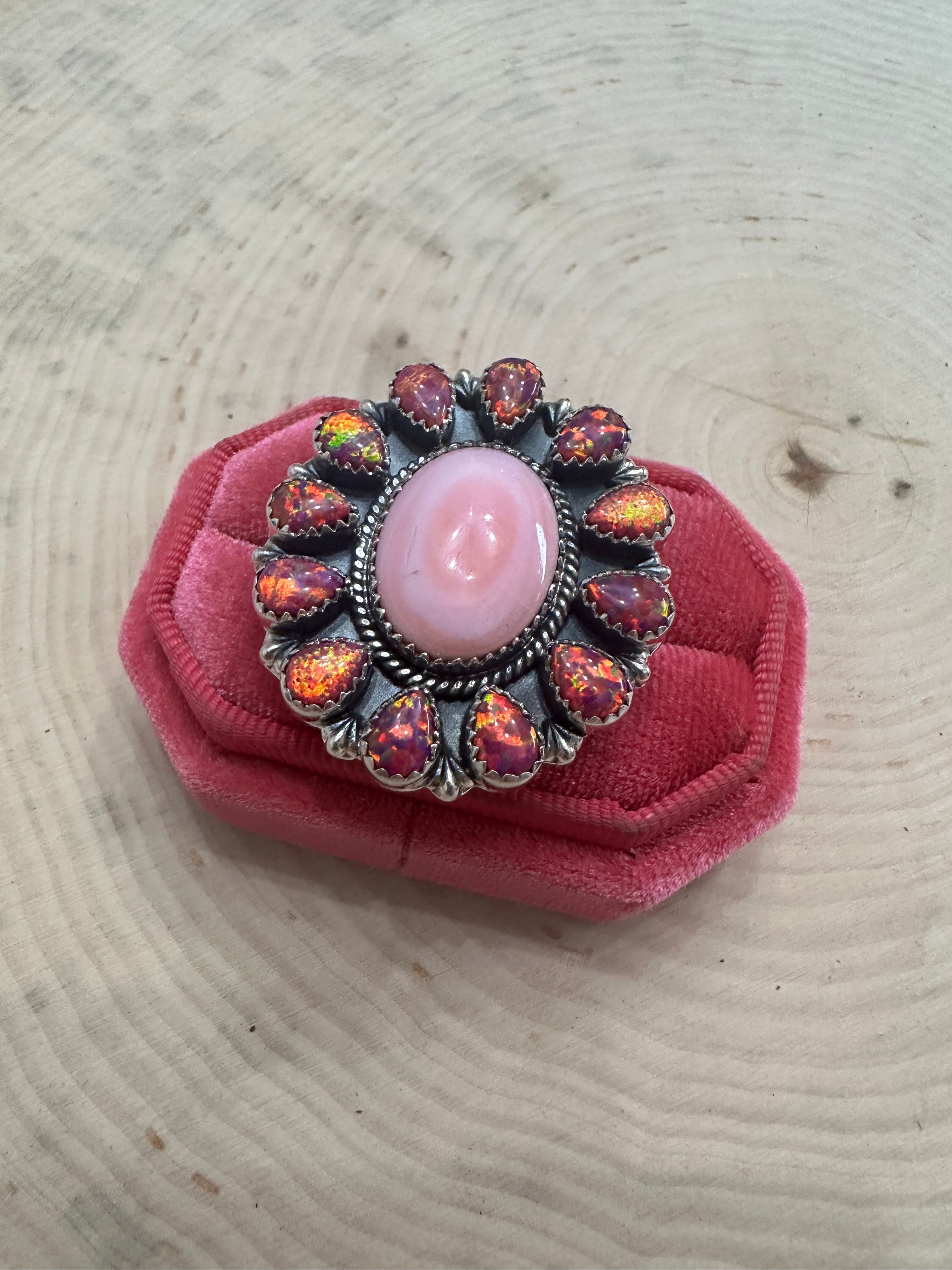 Handmade Pink Conch, Dark Pink Fire Opal And Sterling Silver Adjustable Ring Signed Nizhoni