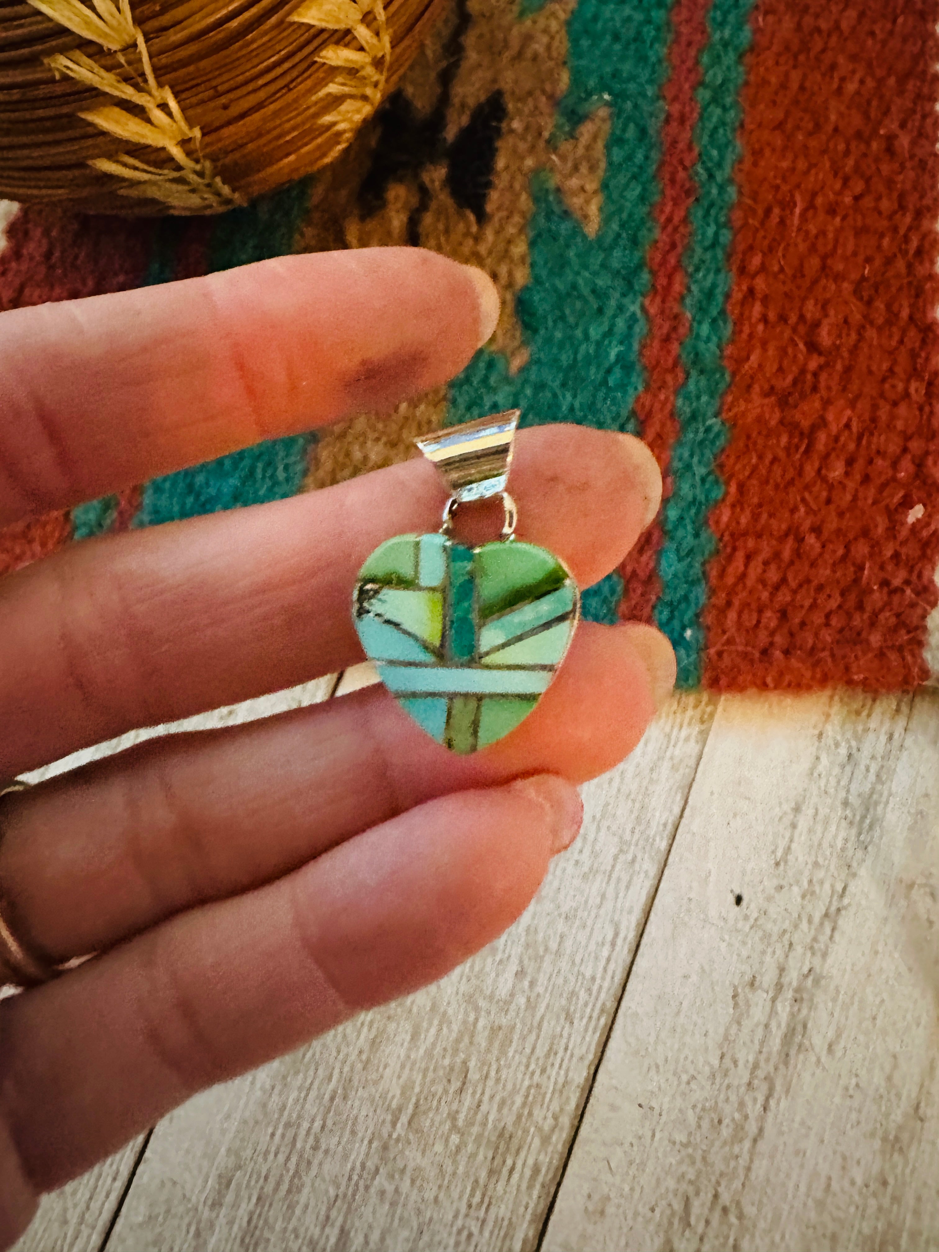 Navajo Turquoise & Sterling Silver Inlay Heart Pendant