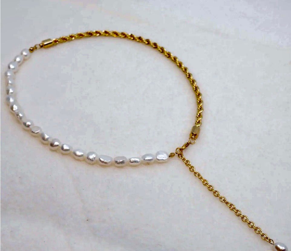 Half & Half Gold, Pearls Lariat Necklace