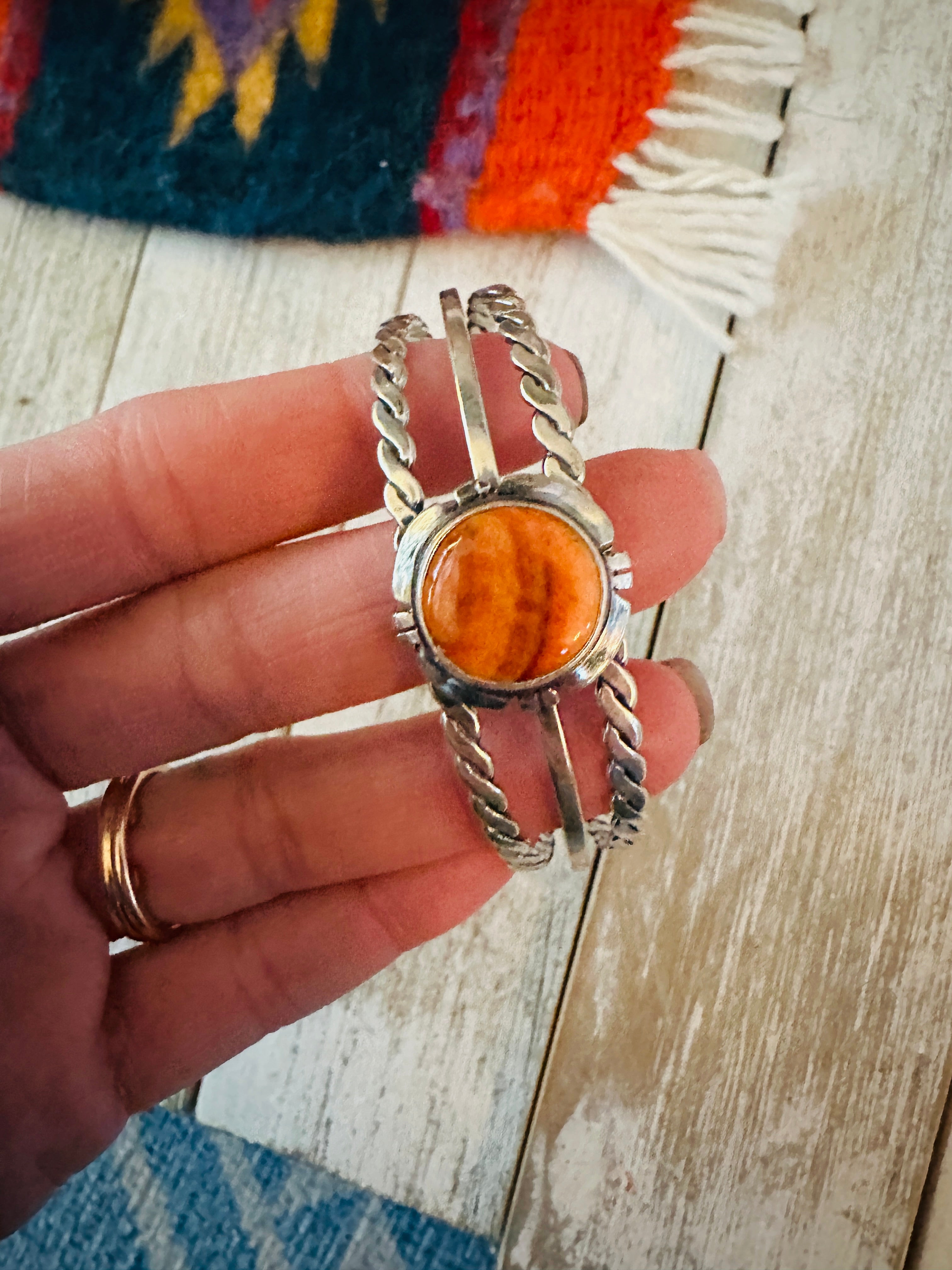 Navajo Sterling Silver & Orange Spiny Oyster Cuff Bracelet