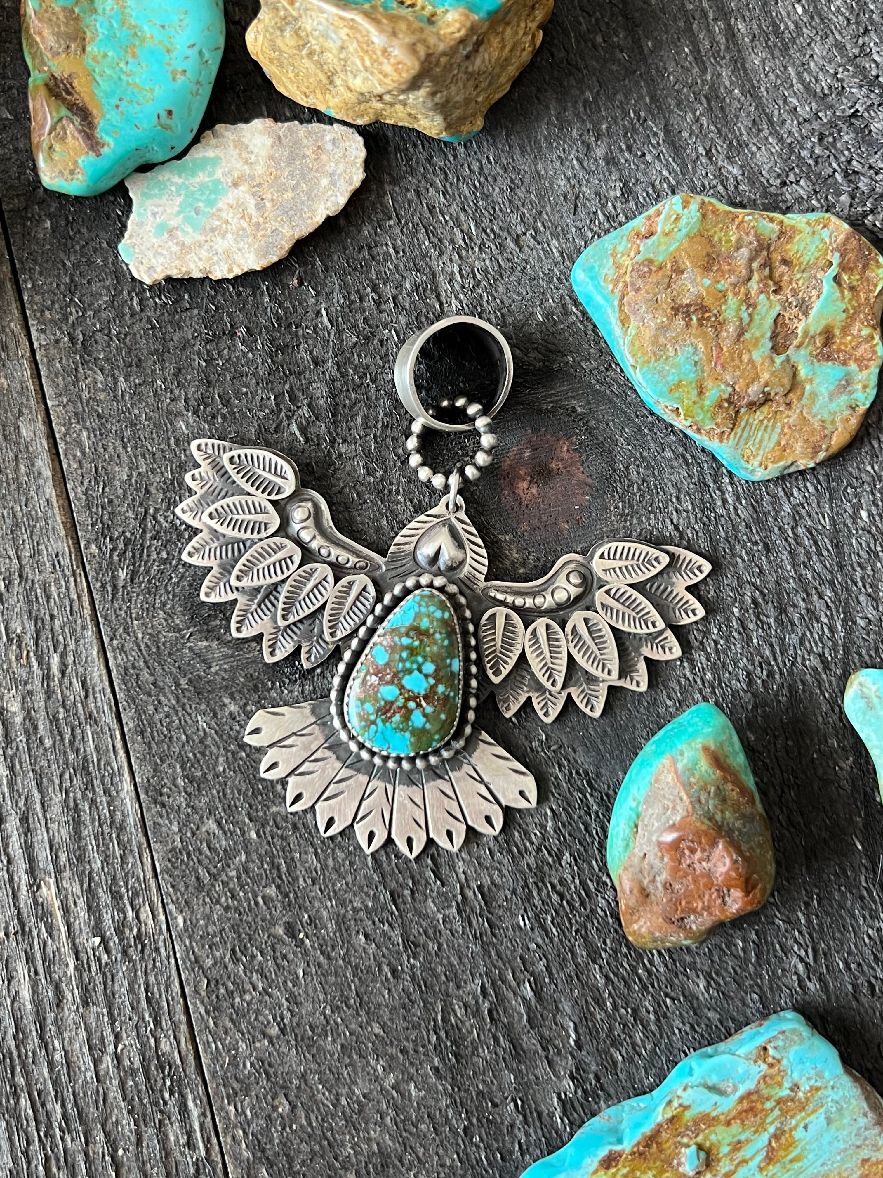 Handcrafted Sterling Silver and Polychrome Kingman Turquoise Eagle Pendant by Derrick Cadman