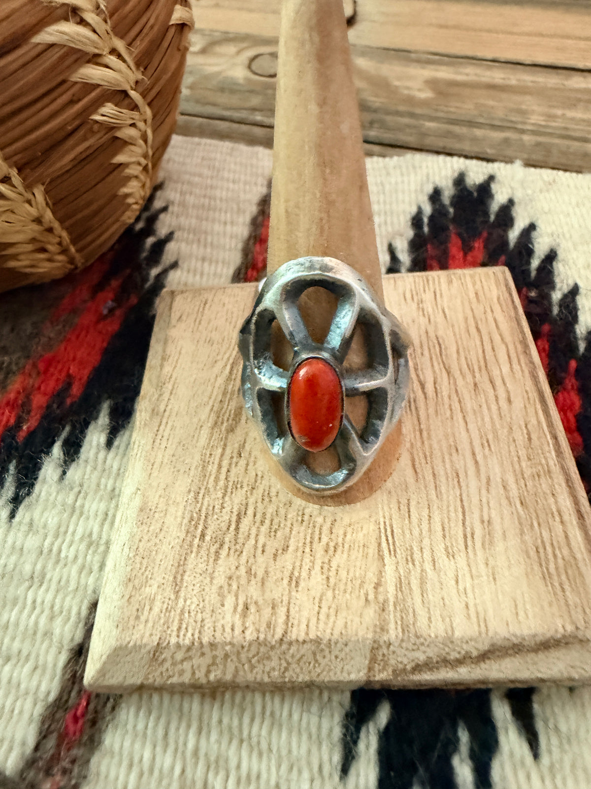 Handcrafted Coral and Sterling Silver Ring size 11 by Chimney Butte