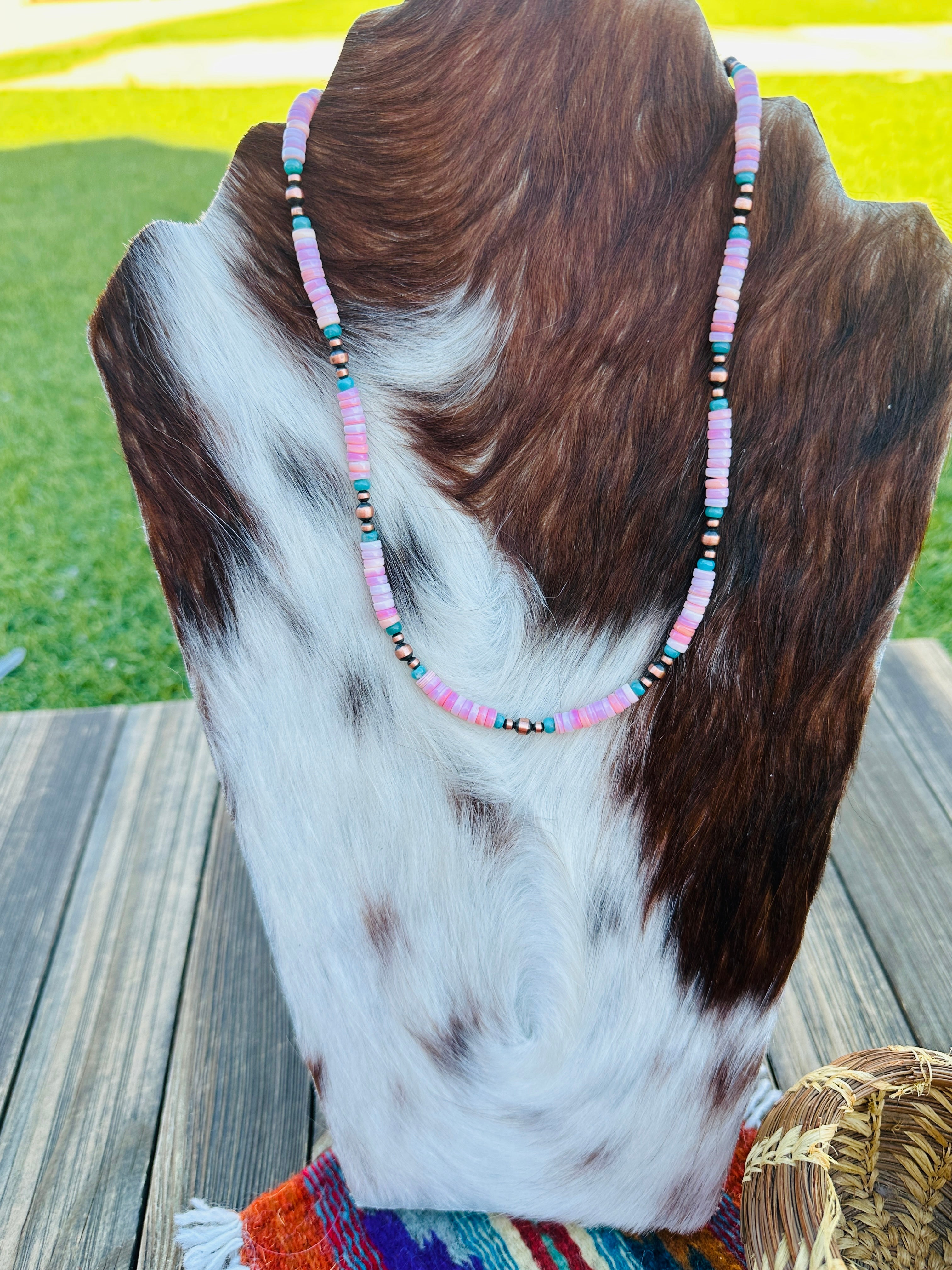 Handcrafted Queen Pink Conch, Turquoise & Copper 18” Beaded Necklace