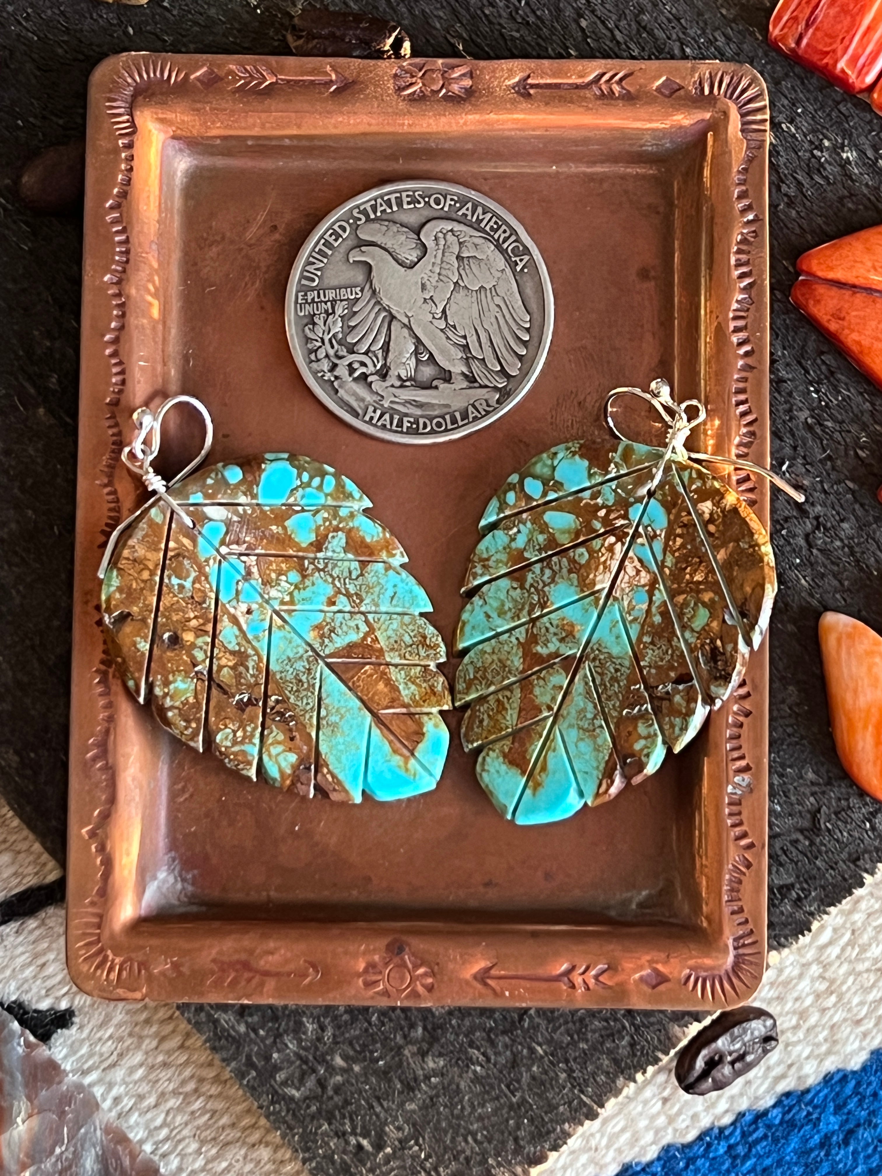 Santo Domingo Carved Turquoise Leaf Earrings by Ronald Chavez