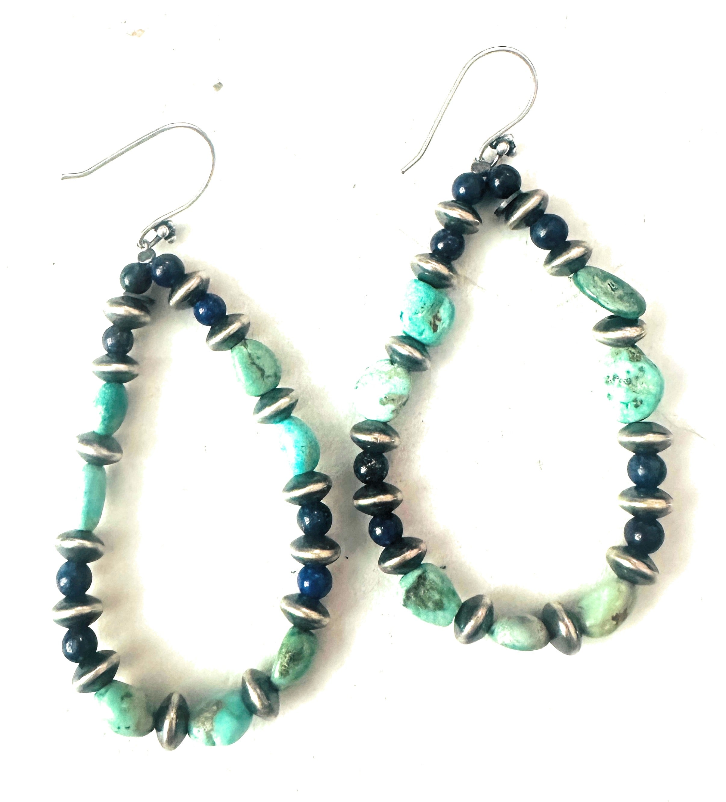 Handmade Turquoise, Lapis Sterling Silver Beaded Hoop Earrings