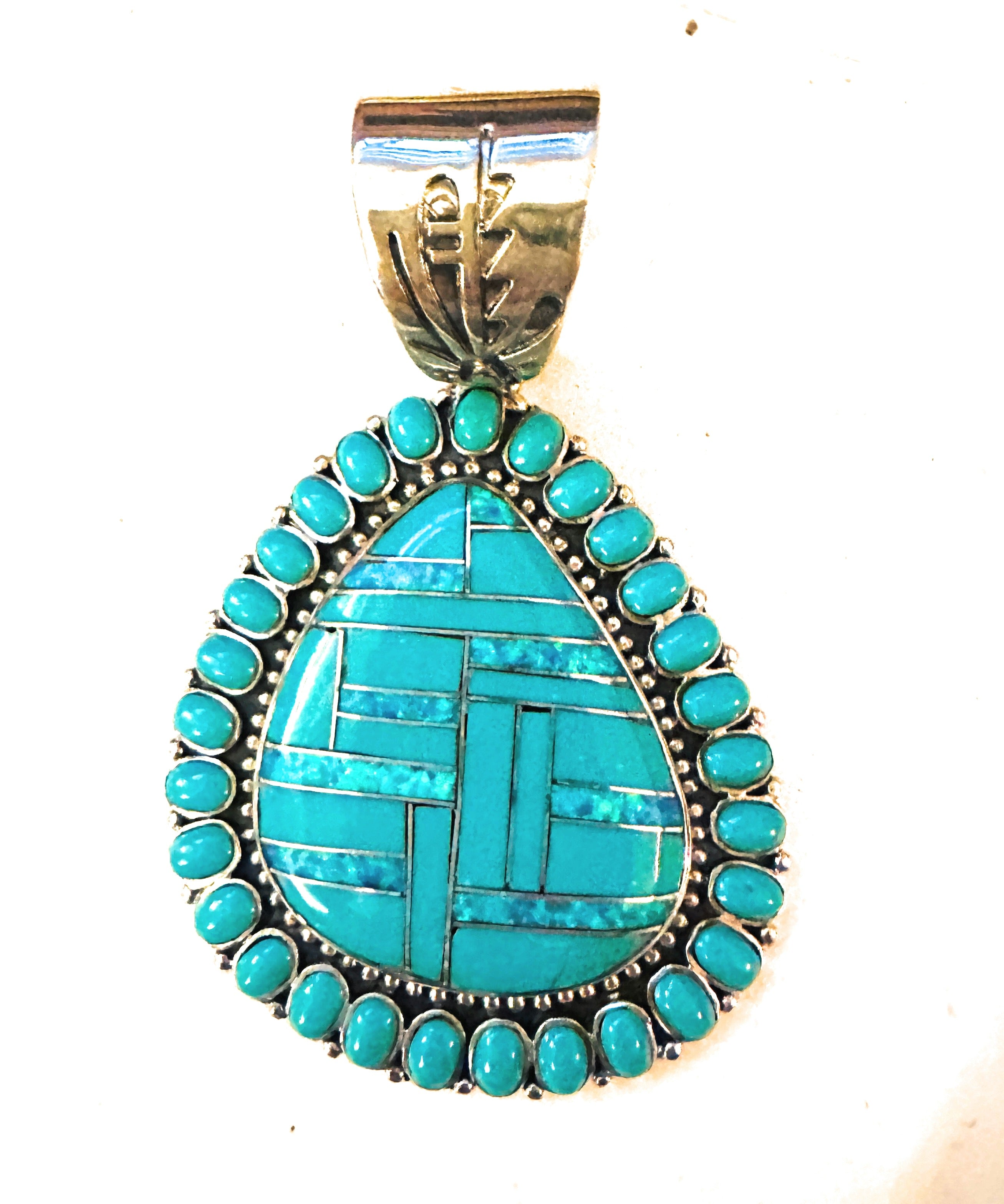 Old Pawn Vintage Navajo Turquoise, Opal & Sterling Silver Inlay Pendant