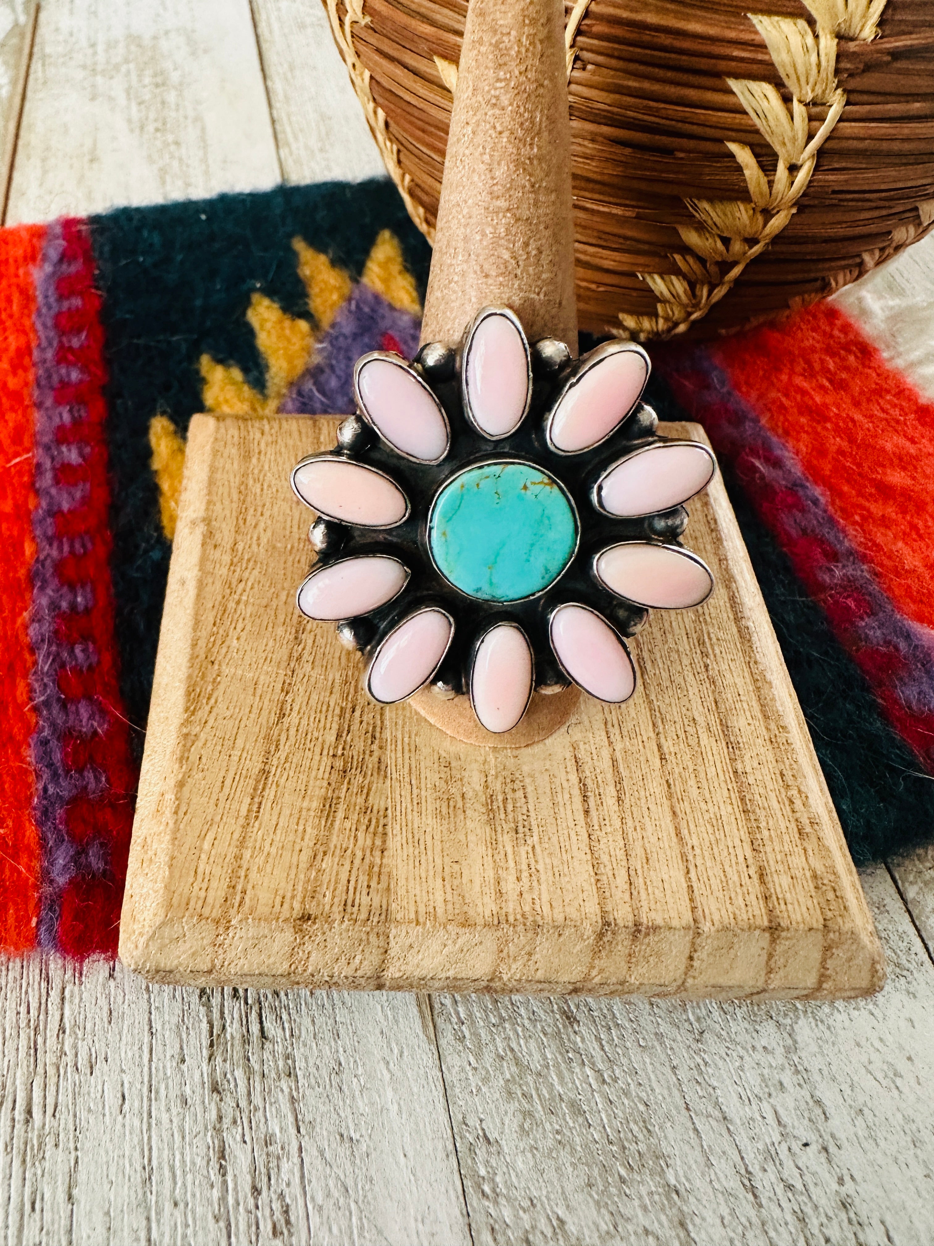 Navajo Sterling Silver, Queen Pink Conch Shell & Turquoise Cluster Ring