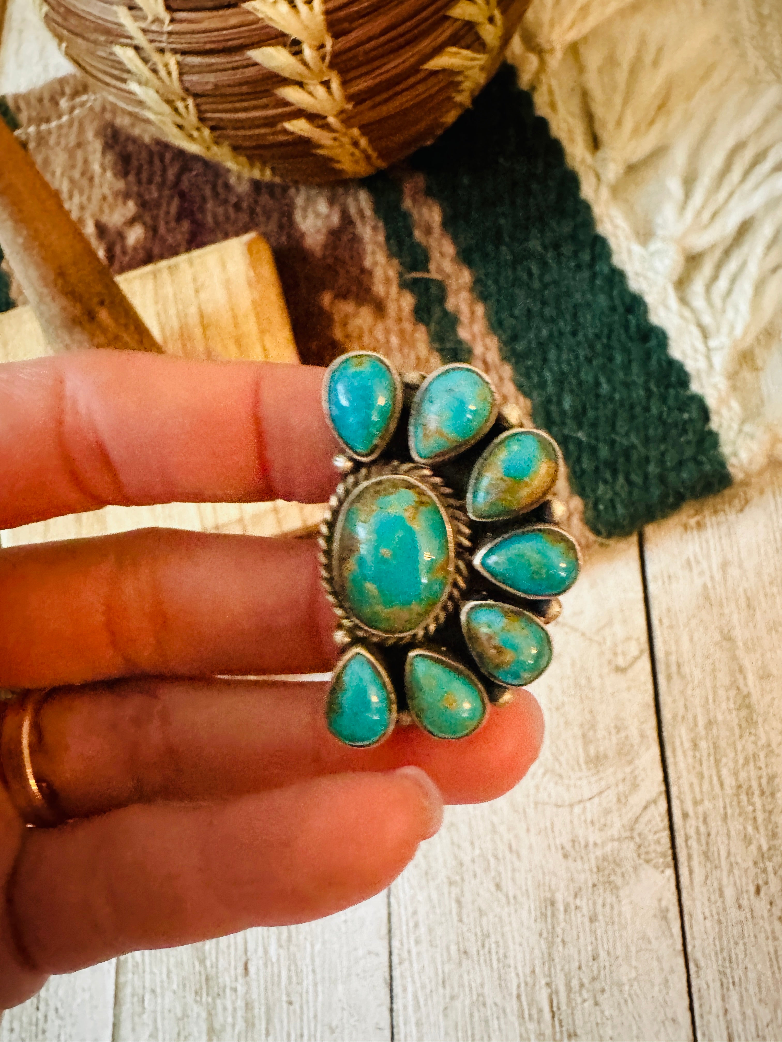 Navajo Turquoise & Sterling Silver Cluster Adjustable Ring