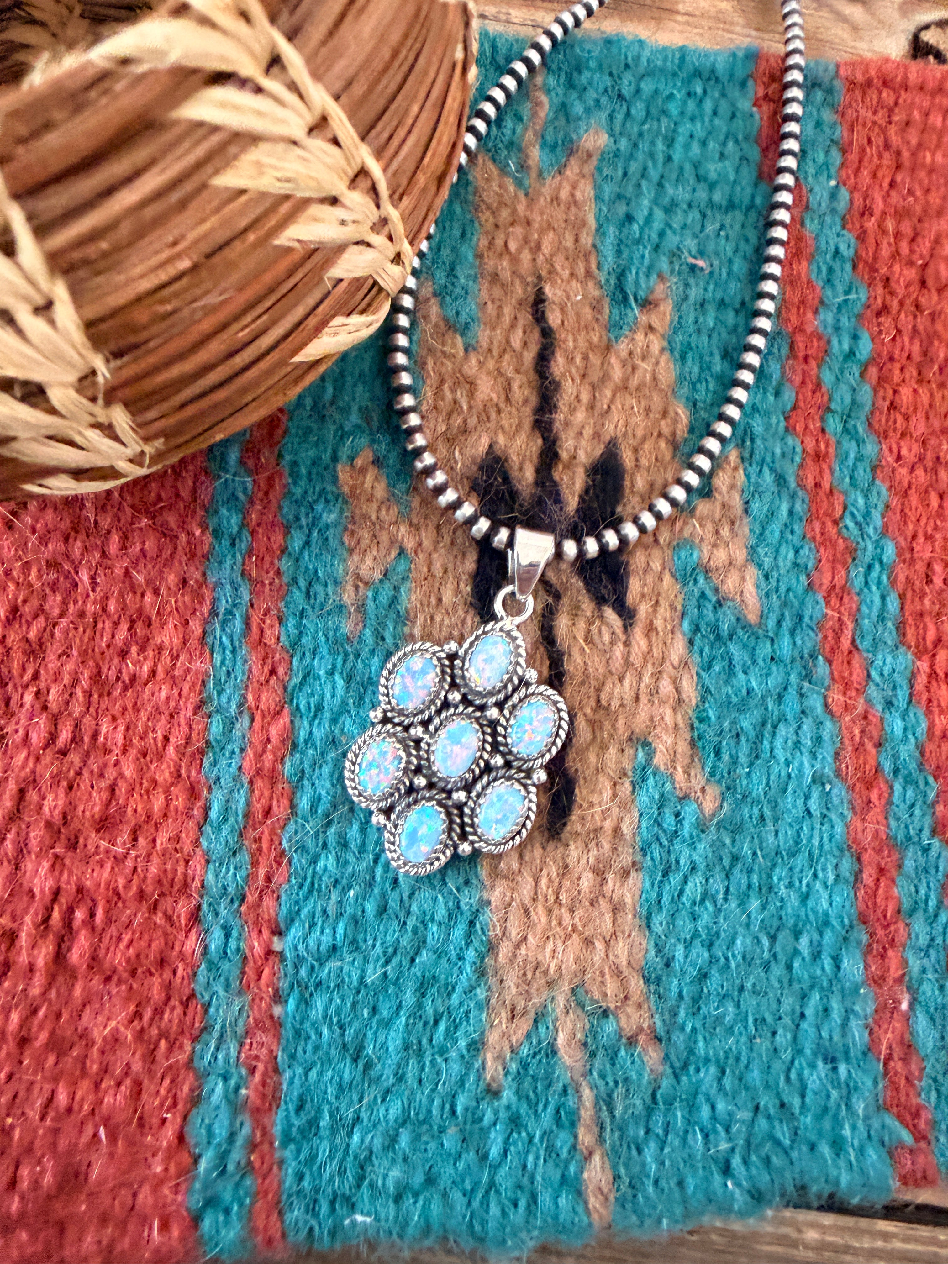 Handmade Sterling Silver & Opal Cluster Pendant Signed Nizhoni