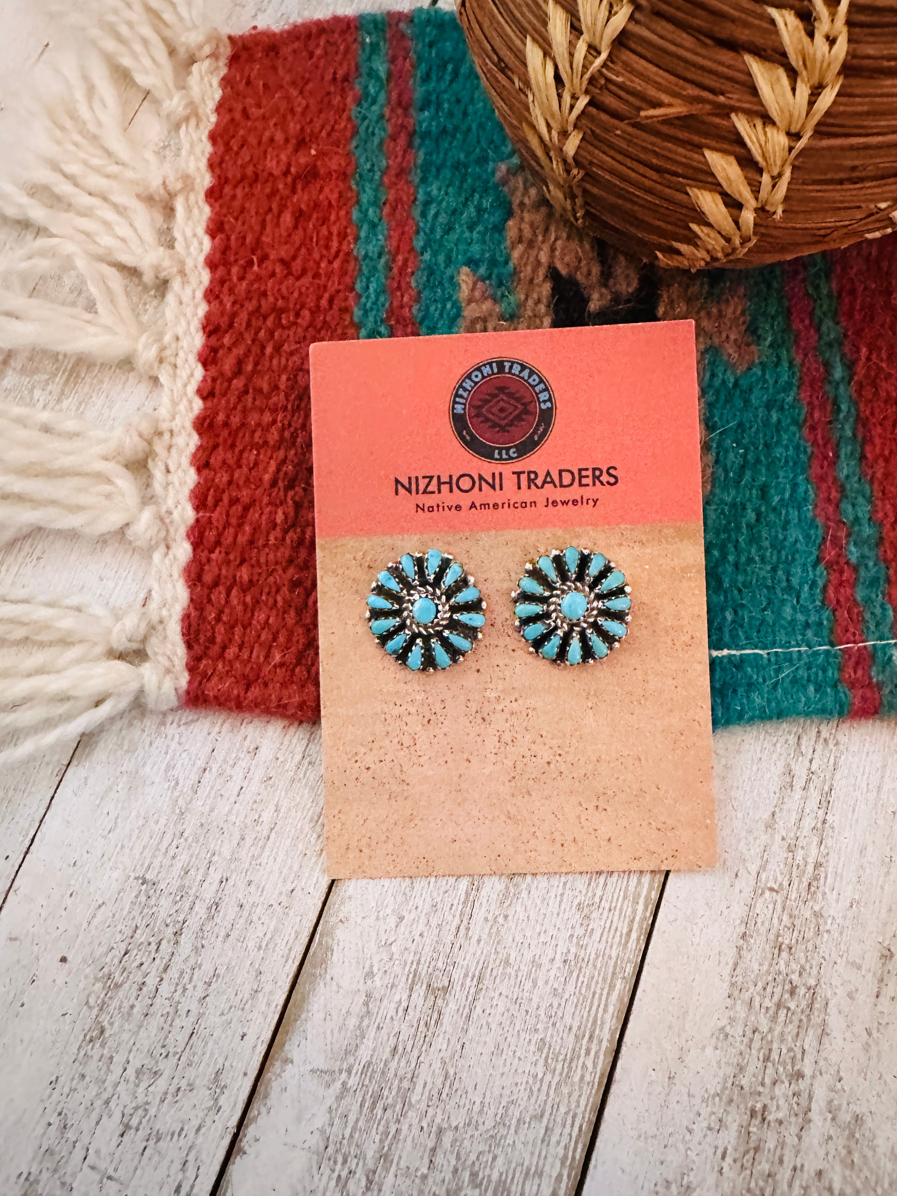 Zuni Sterling Silver & Turquoise Cluster Post Earrings