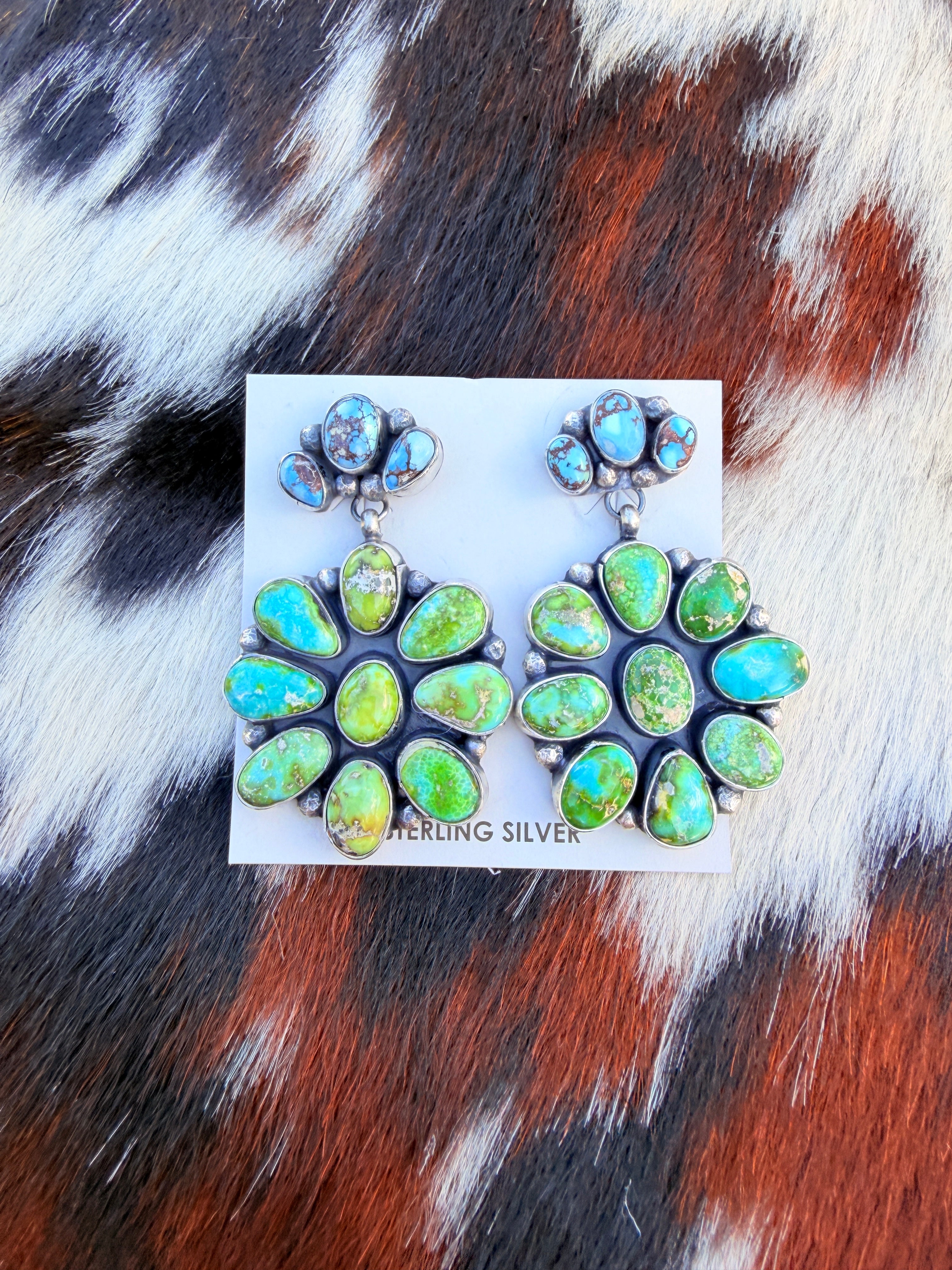 Handcrafted Multi Turquoise & Sterling Silver Cluster Dangle Earrings