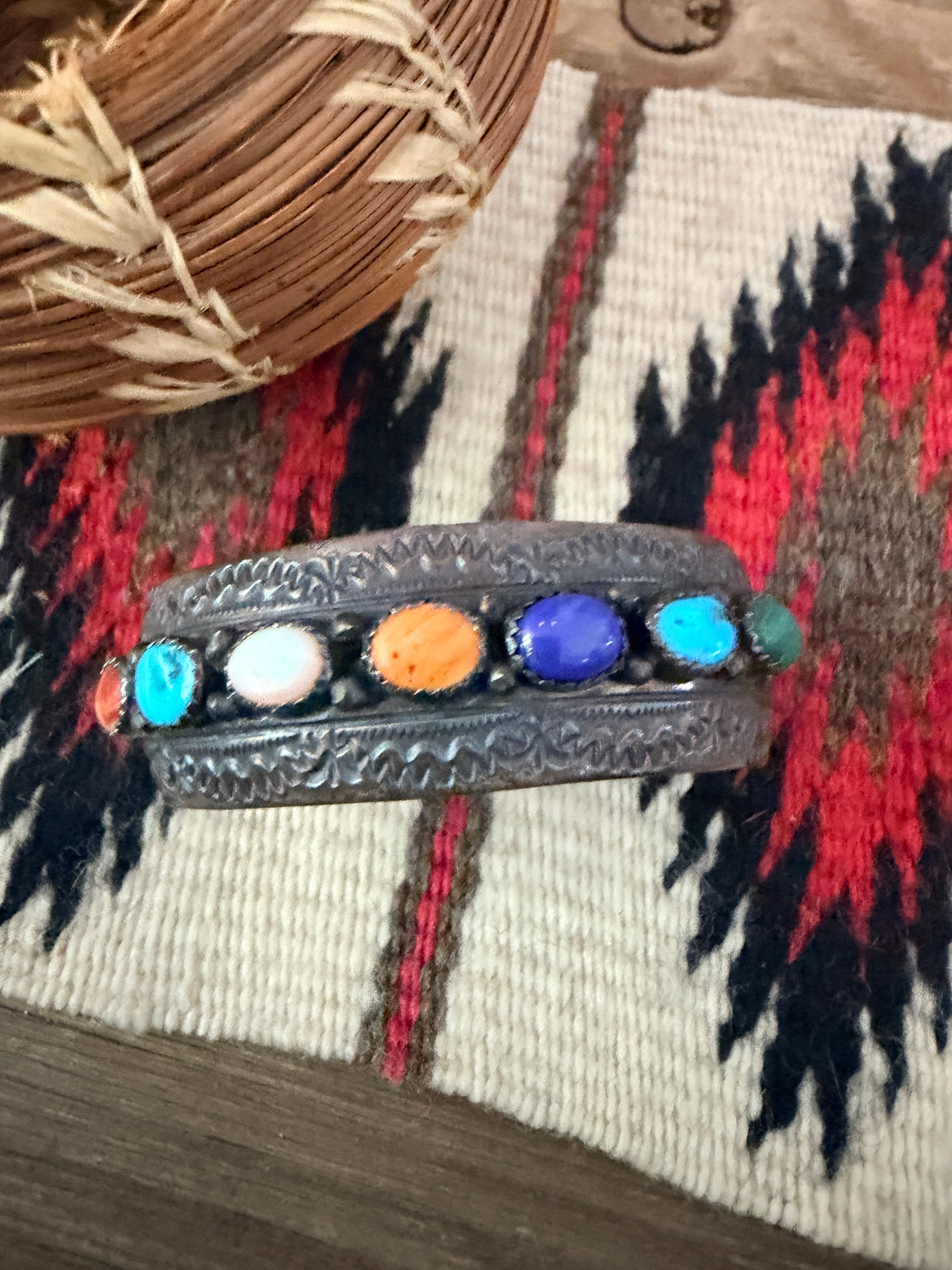 Handcrafted Old Pawn Sterling Silver & Multi Stone Cuff Bracelet by Wilbert Begay