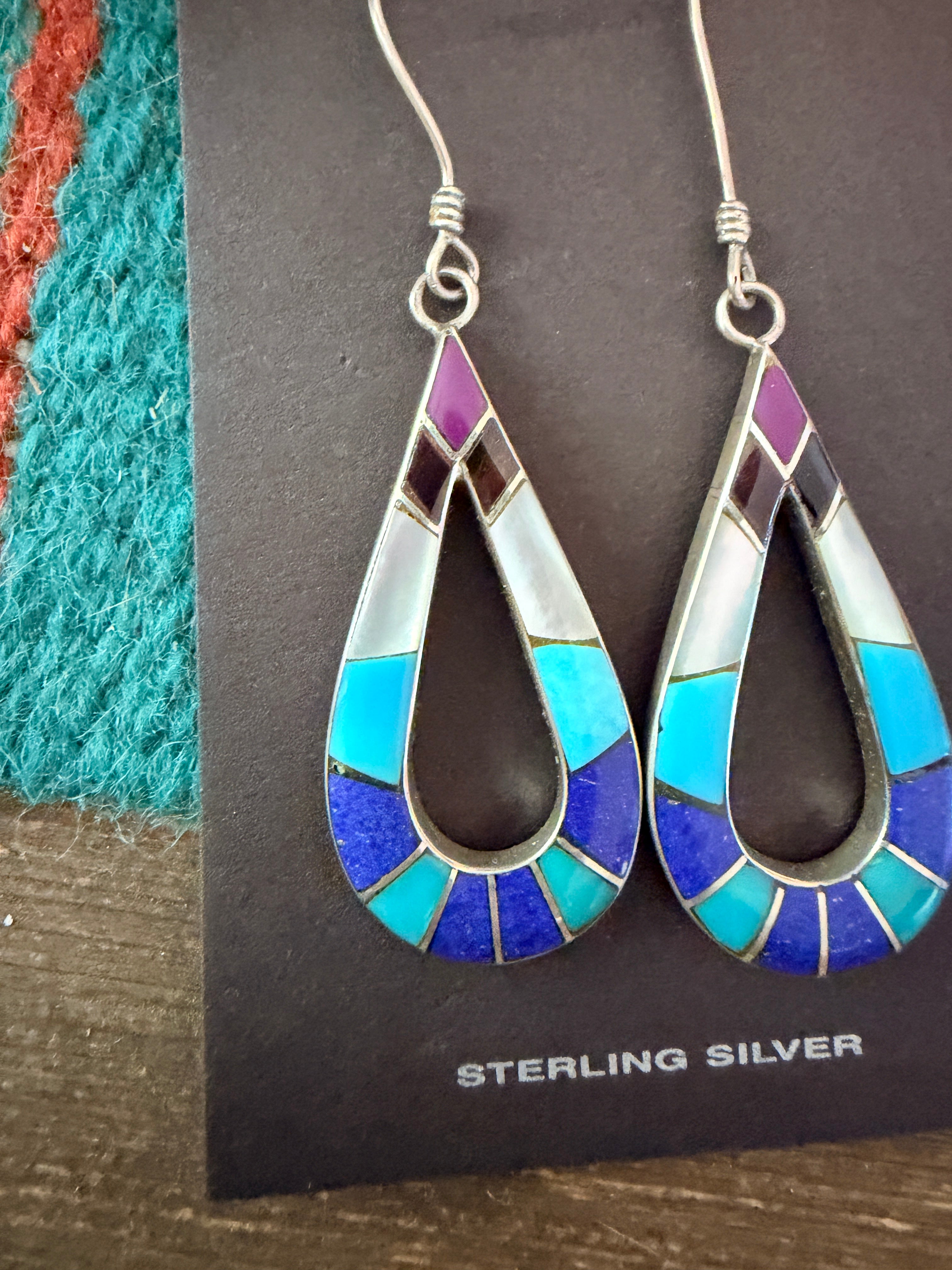 Old Pawn Handcrafted Sterling Silver & Multi Stone Inlay Dangle Earrings