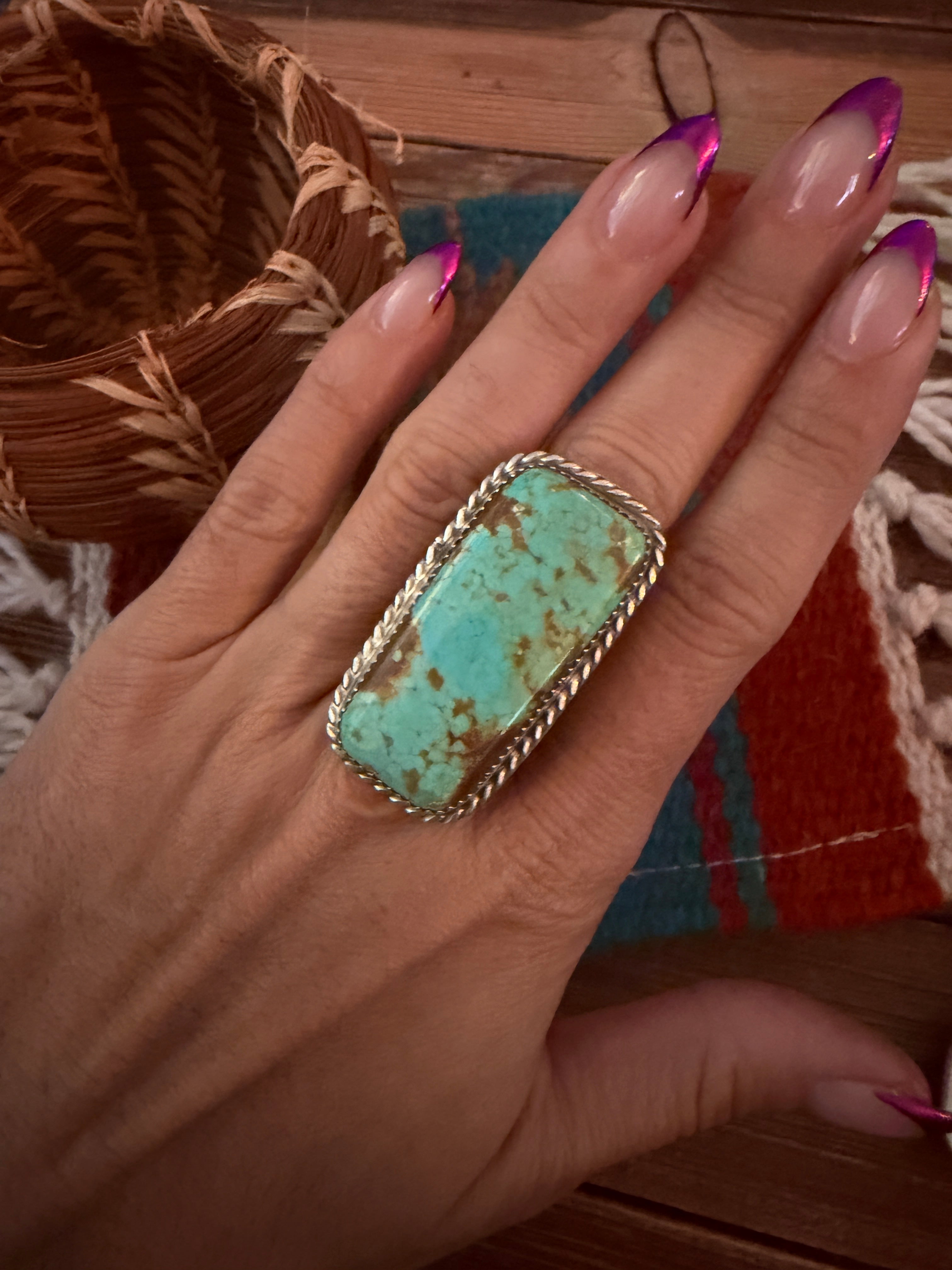 Handcrafted Royston Turquoise & Sterling Silver Ring Size 10 by Leslie Nez