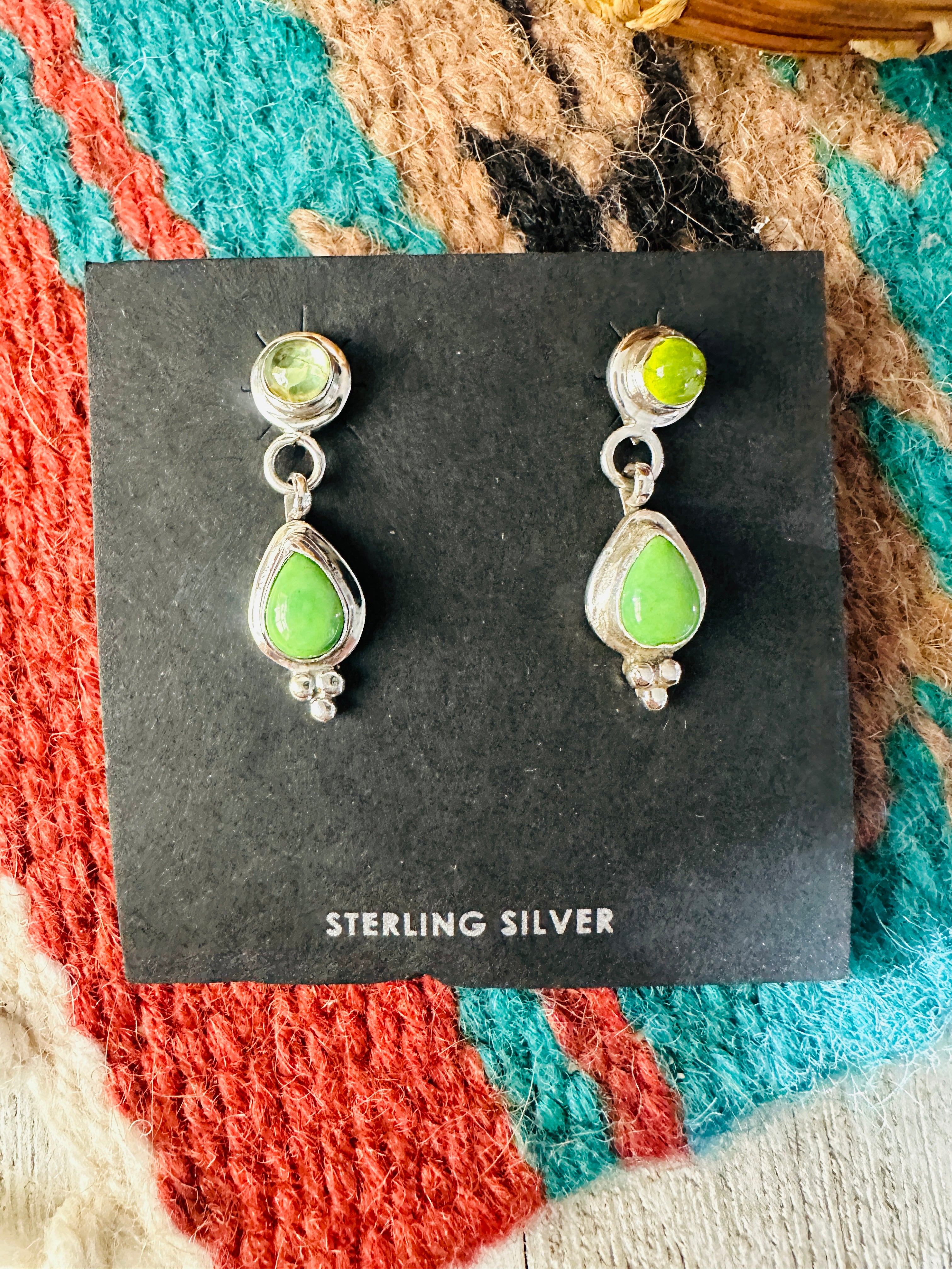 Navajo Gaspeite, Garner & Sterling Silver Dangle Earrings