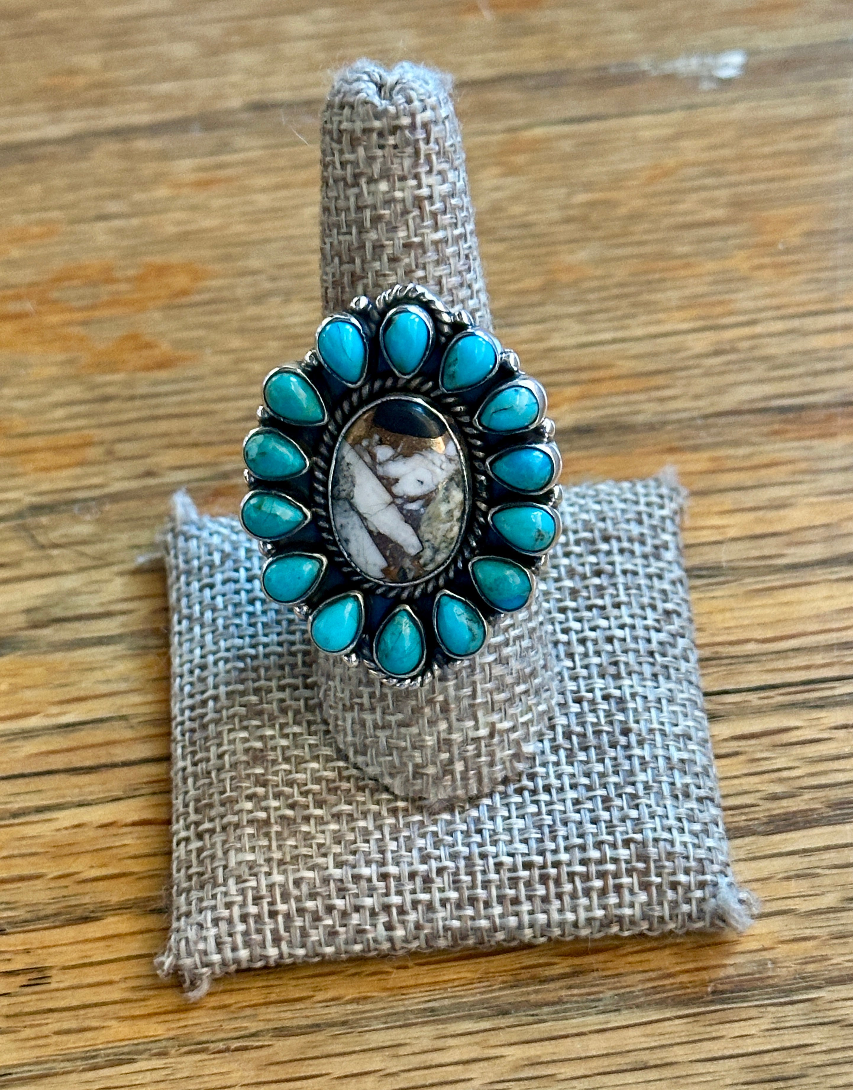 Handmade White Buffalo Mojave, Turquoise & Sterling Silver Adjustable Oval Ring Signed Nizhoni
