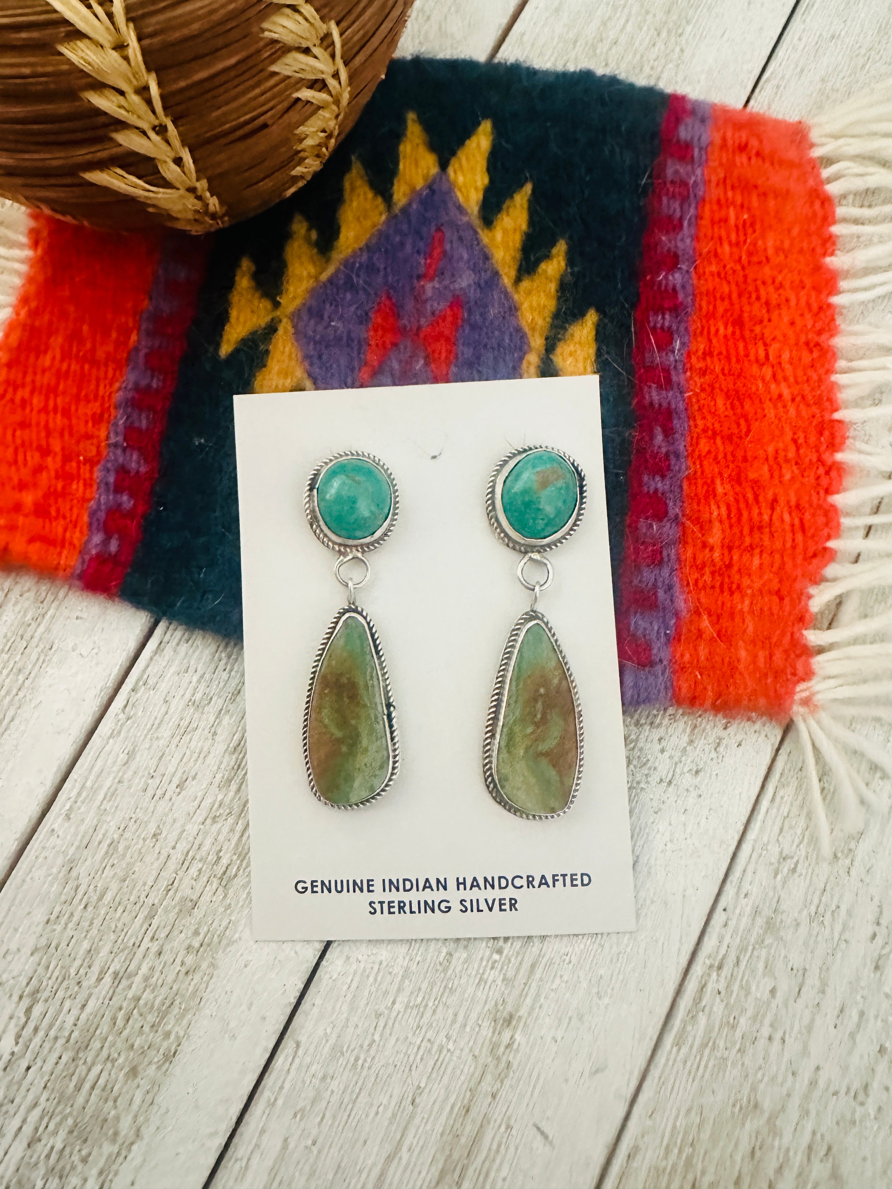 Navajo Royston Turquoise And Sterling Silver Dangle Earrings