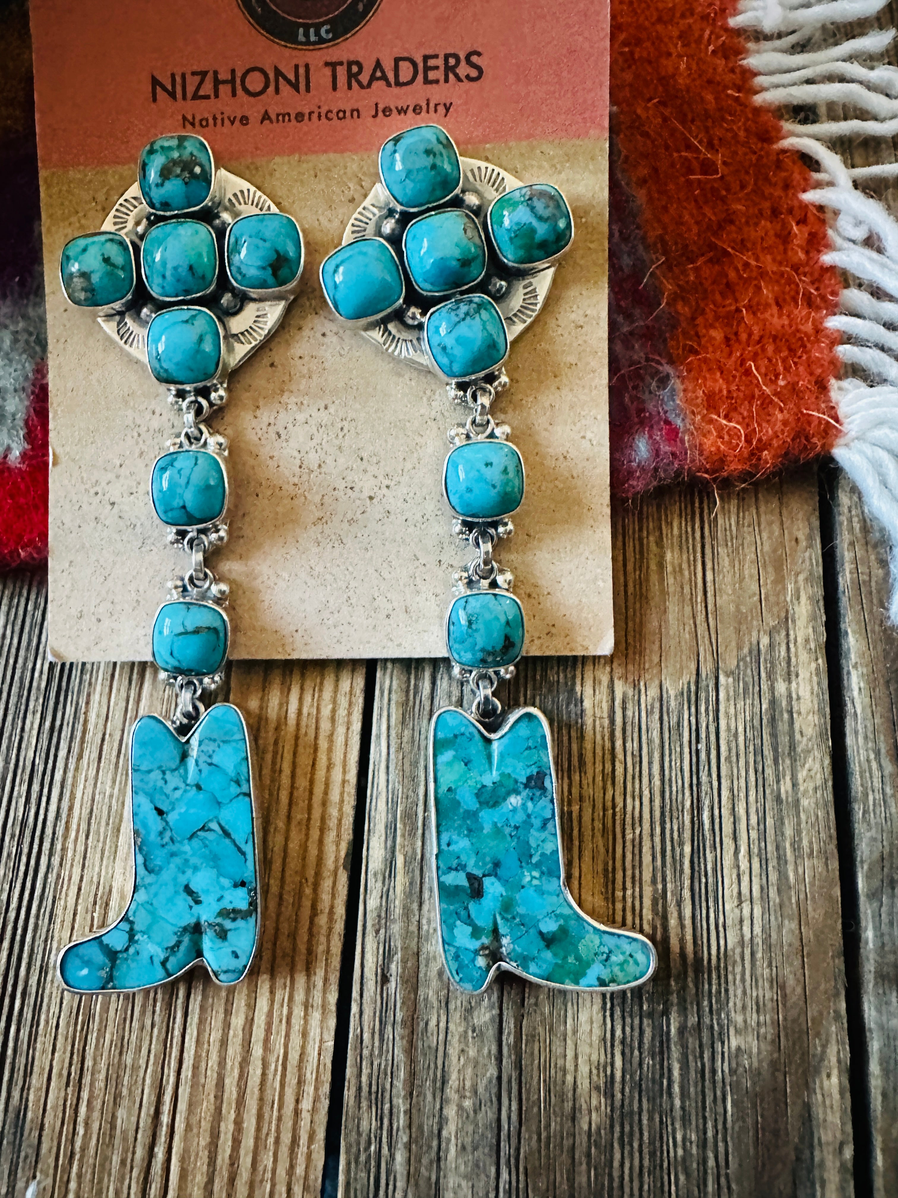 Handcrafted Turquoise & Sterling Silver Cowboy Boot Dangle Earrings by Federico Jimenez