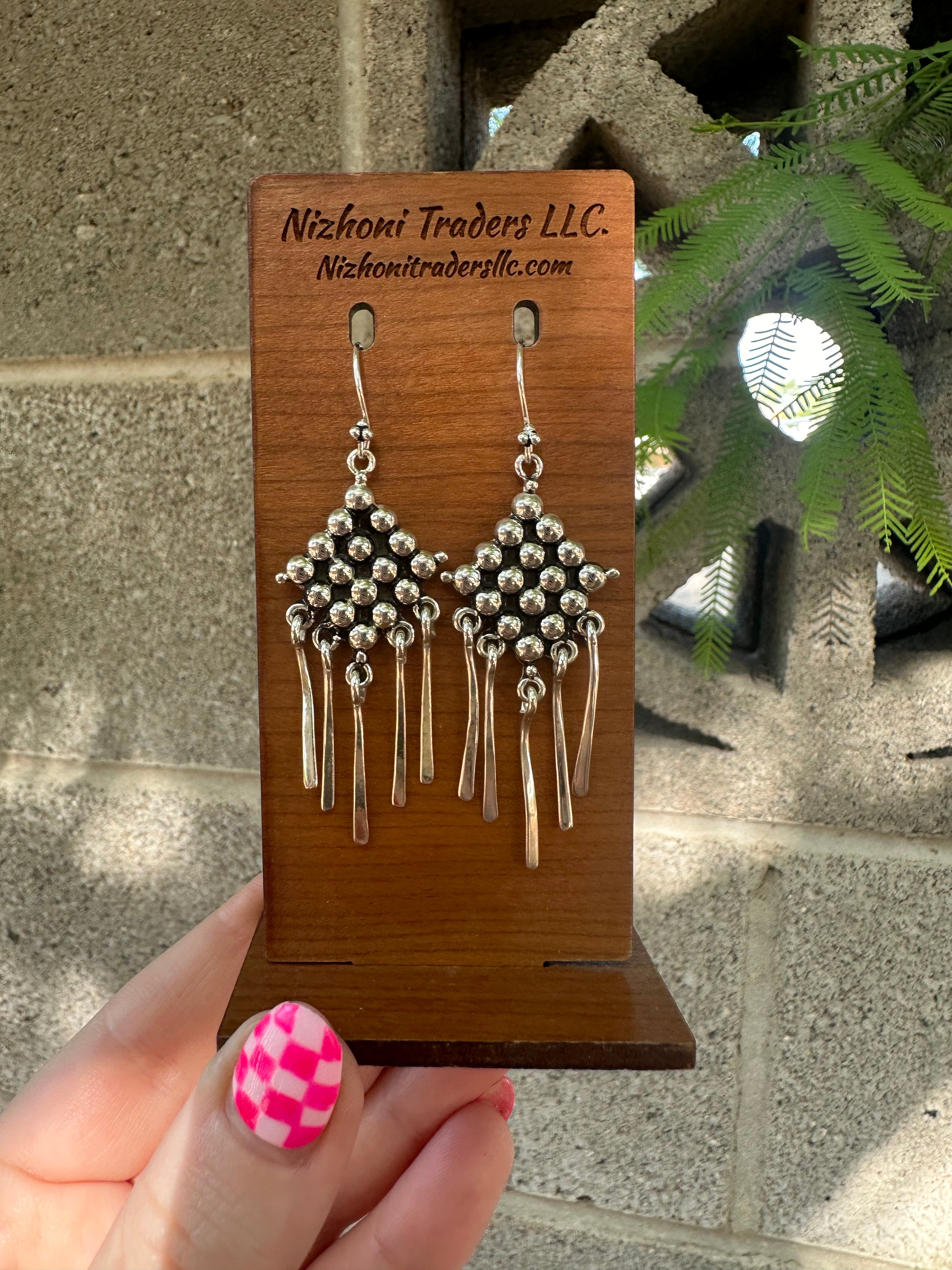 Handmade Sterling Silver Ball Dangle Fringe Earrings Signed Nizhoni