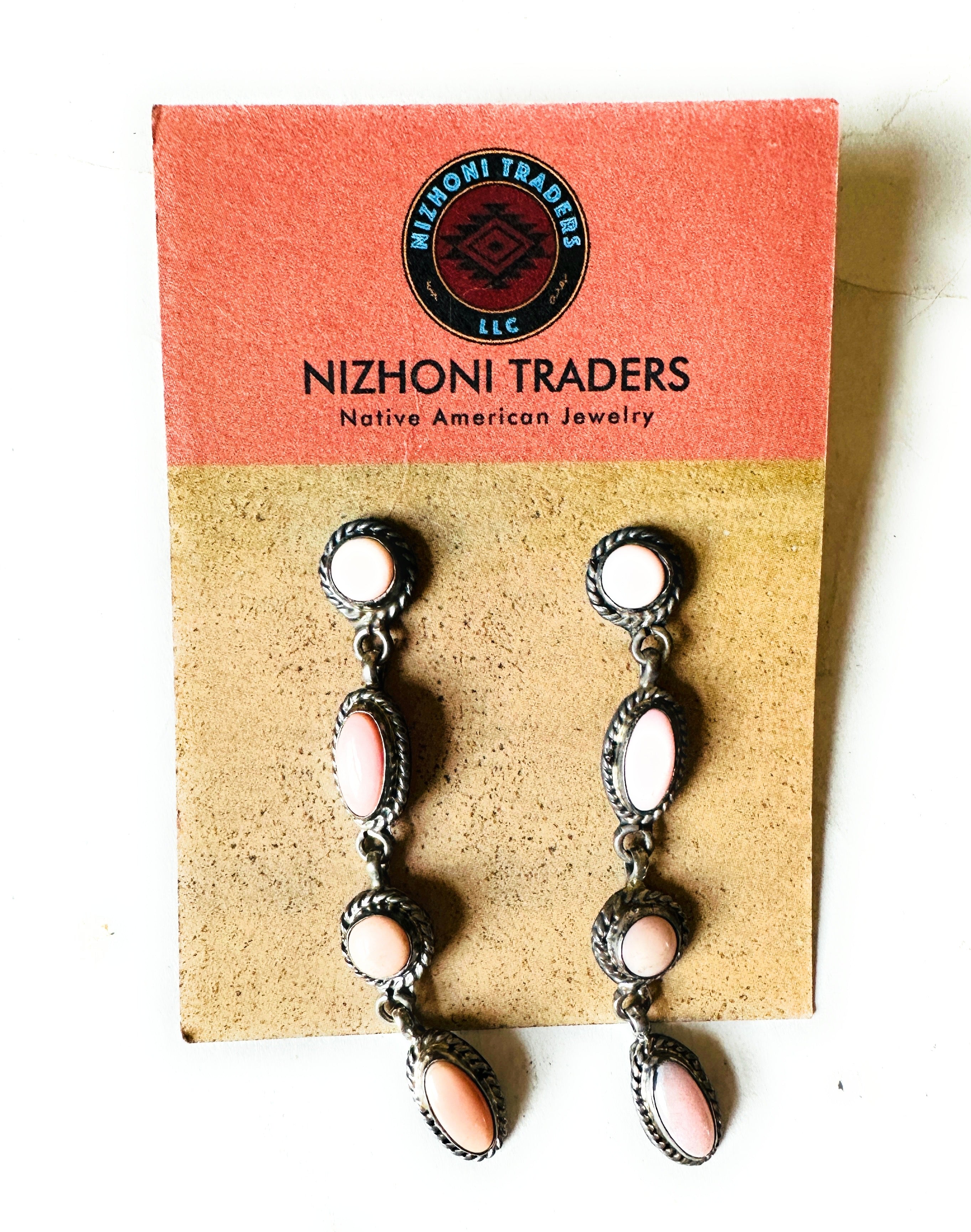 Navajo Queen Pink Conch & Sterling Silver 4-Stone Dangle Earrings