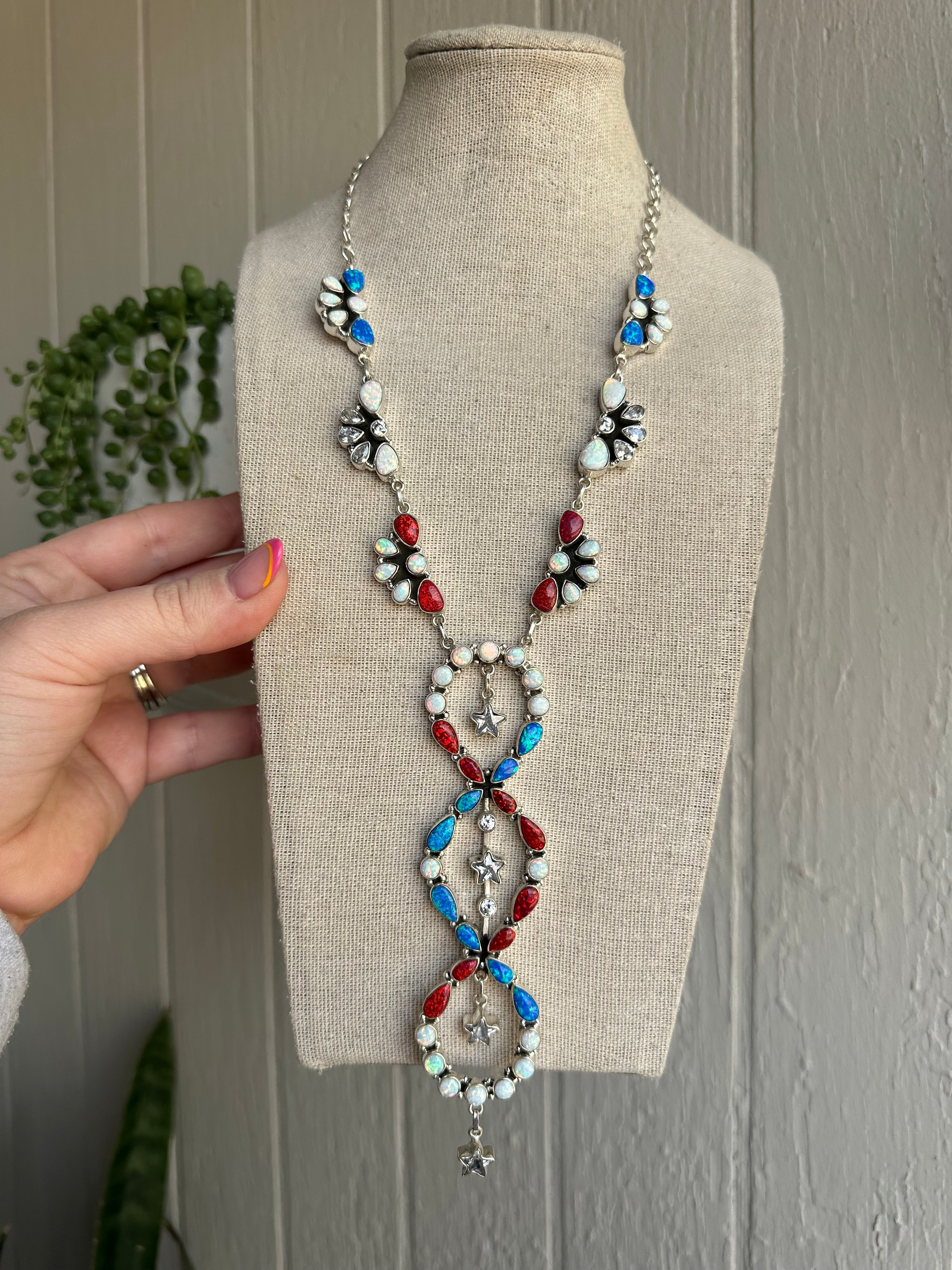 4th Of July Collection Handmade Sterling Silver & Red, White & Blue Fire Opal Statement Necklace