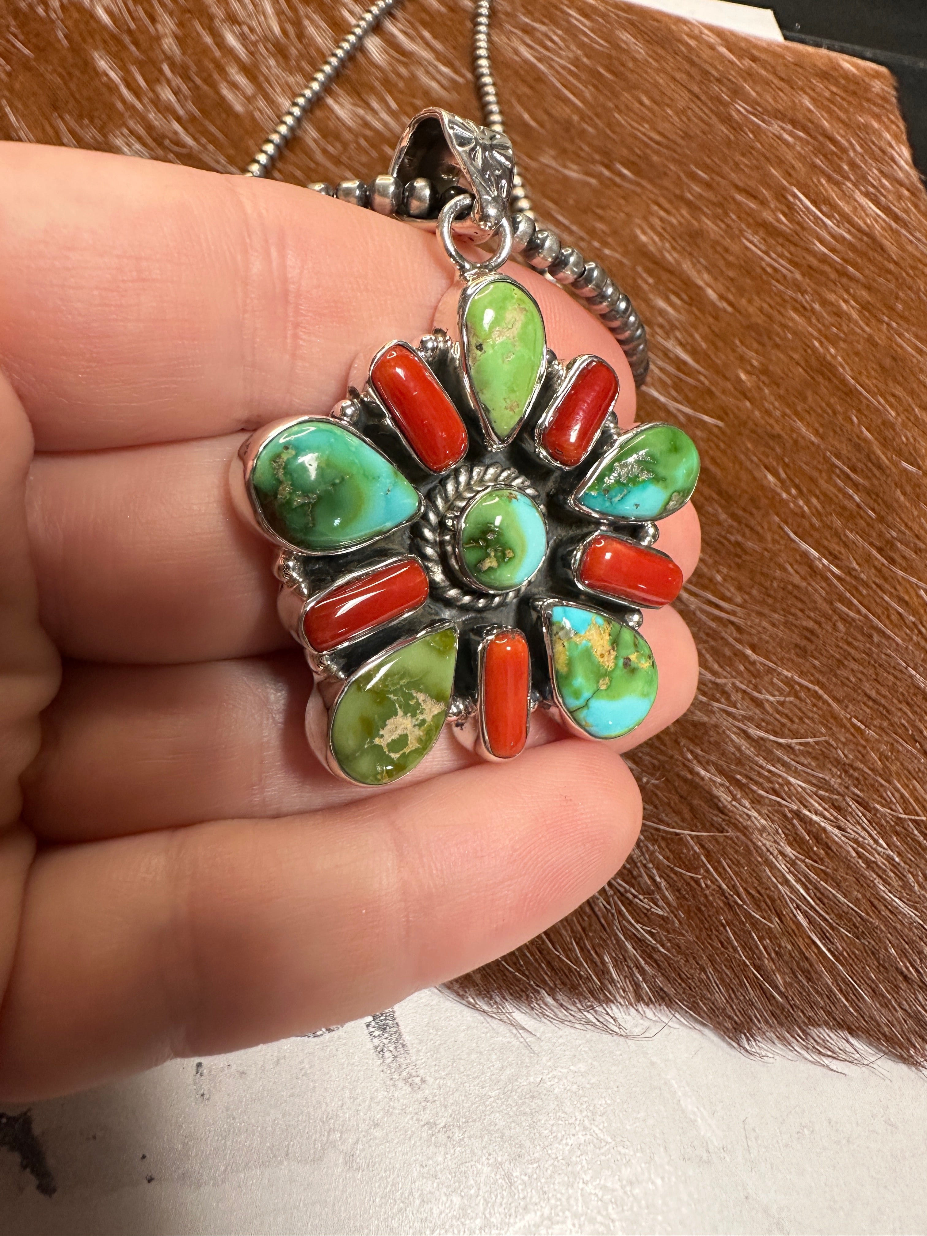 Beautiful Handmade Sterling Silver, Coral & Sonoran Mountain Turquoise Pendant style 3