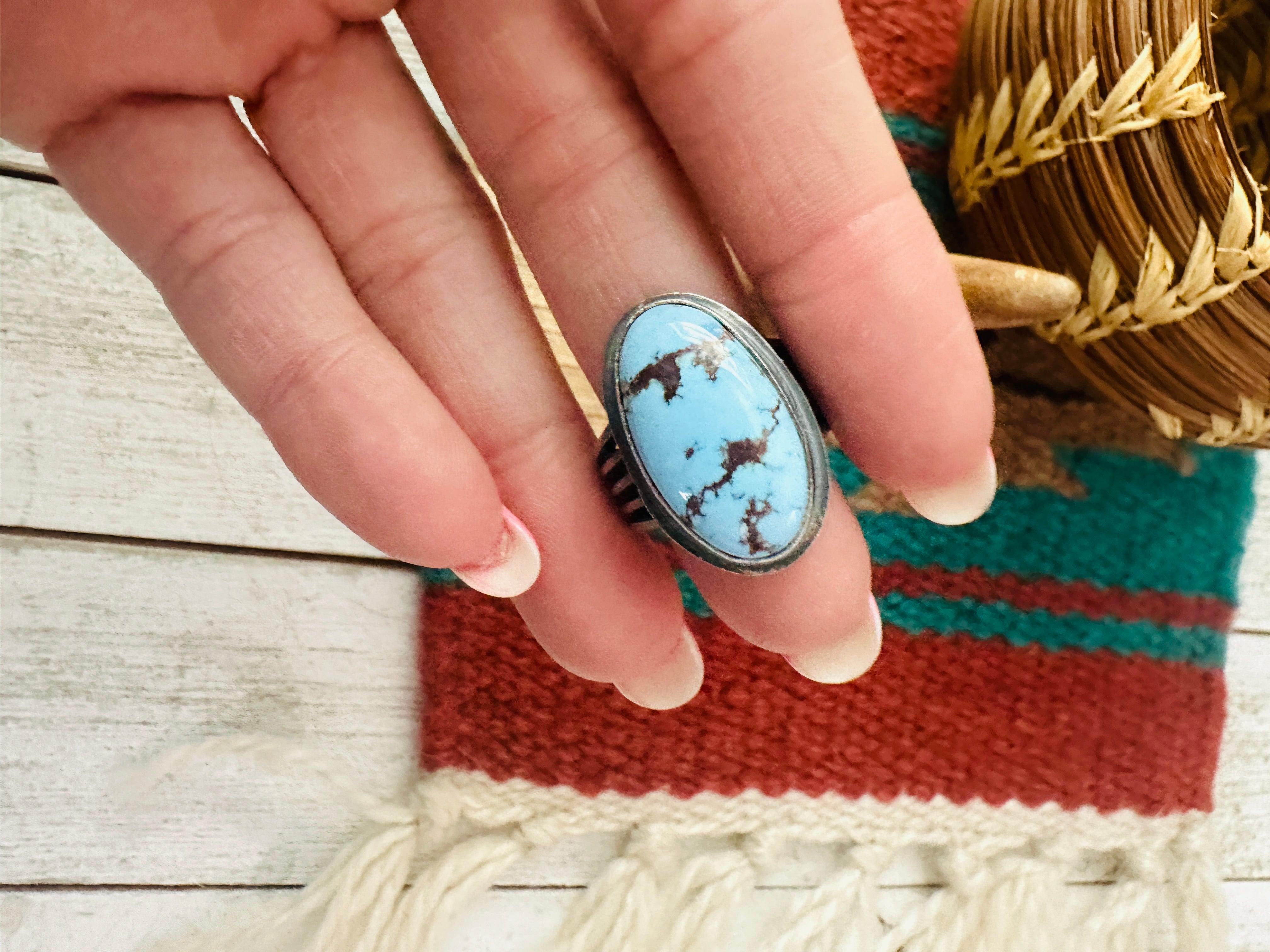 Navajo Golden Hills Turquoise & Sterling Silver Ring Size 6.5