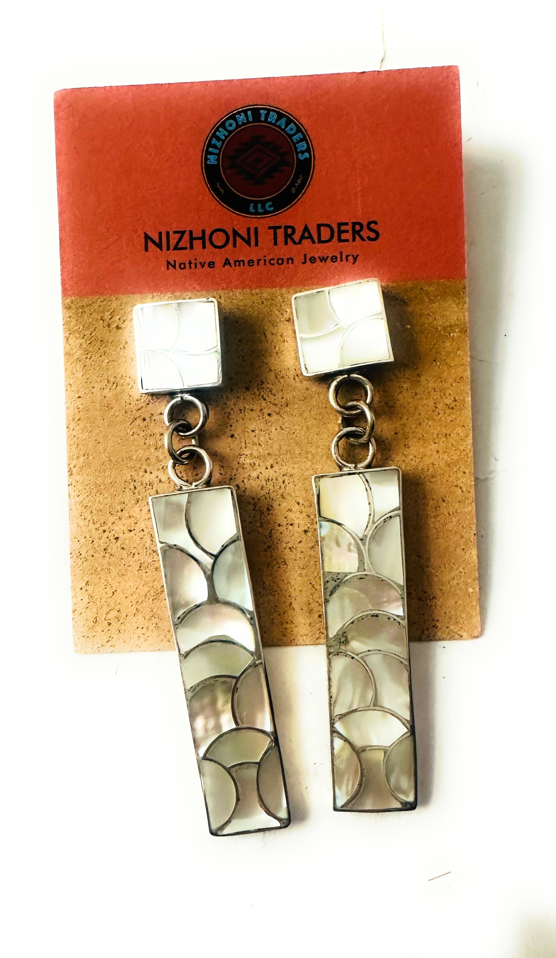 Zuni Sterling Silver & Mother of Pearl Inlay Dangle Earrings