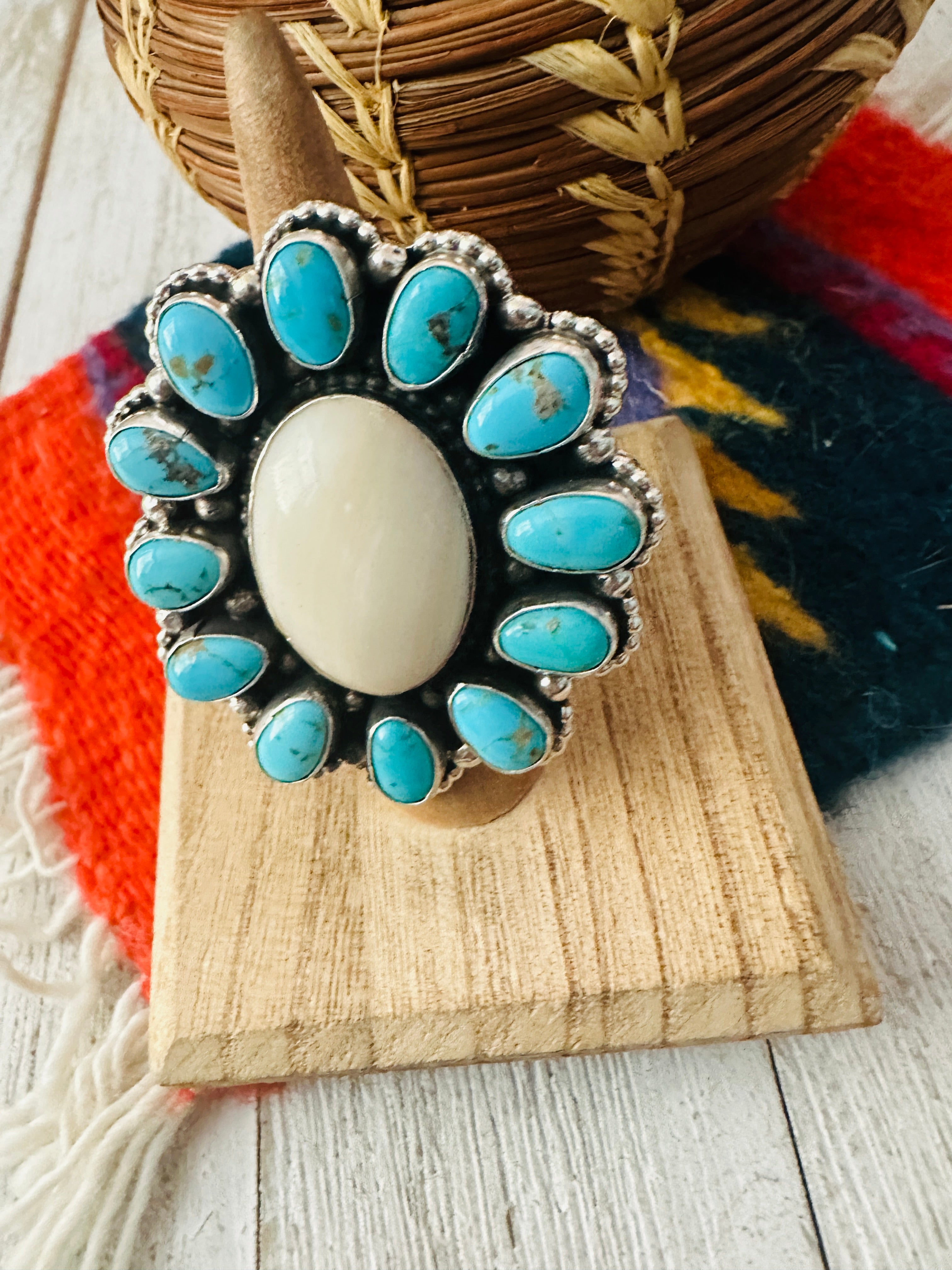 Navajo Sterling Silver, Turquoise & Mother of Pearl Cluster Adjustable Ring