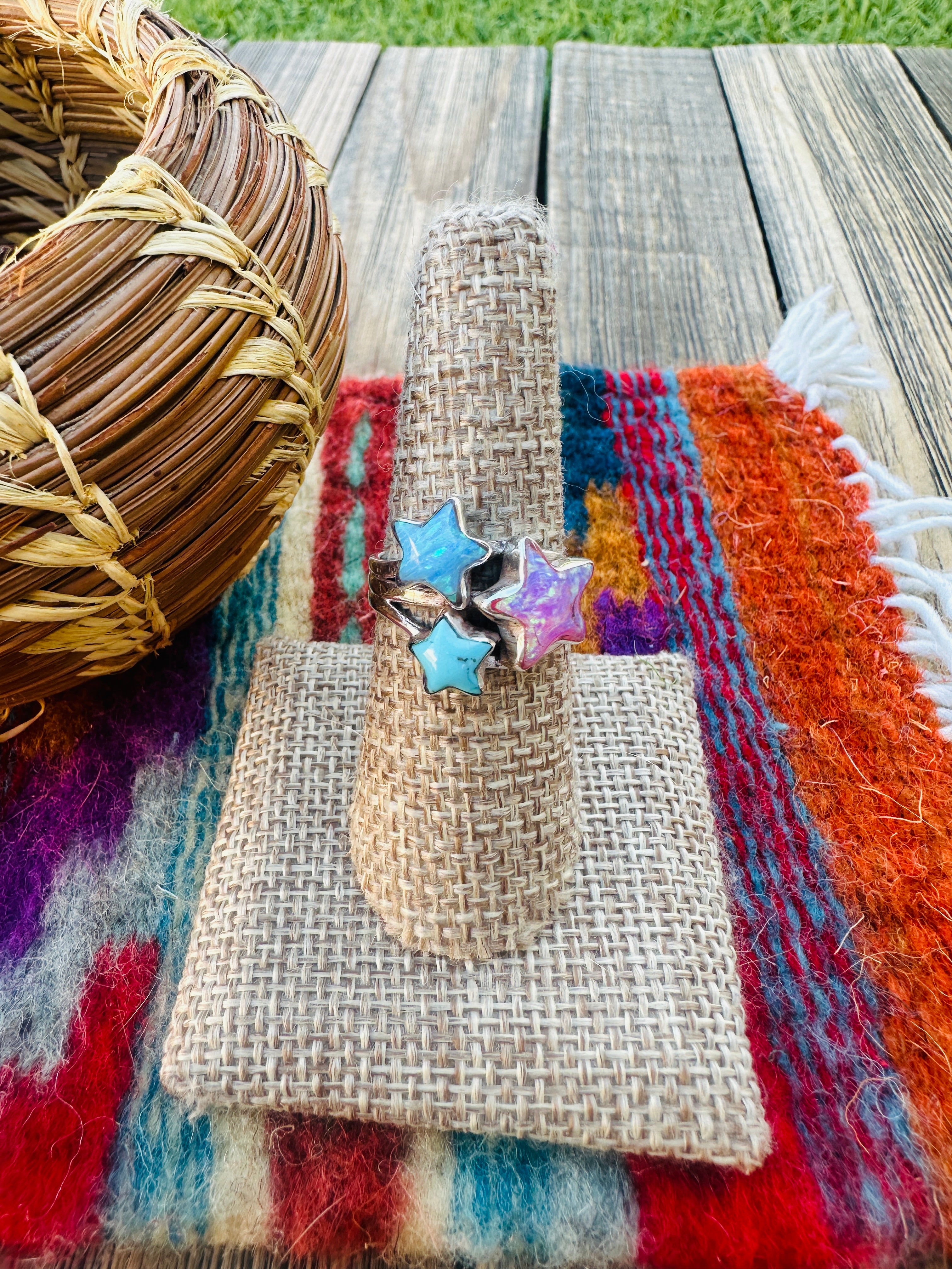 Handcrafted Opal, Turquoise & Sterling Silver 3 Star Ring Size 8