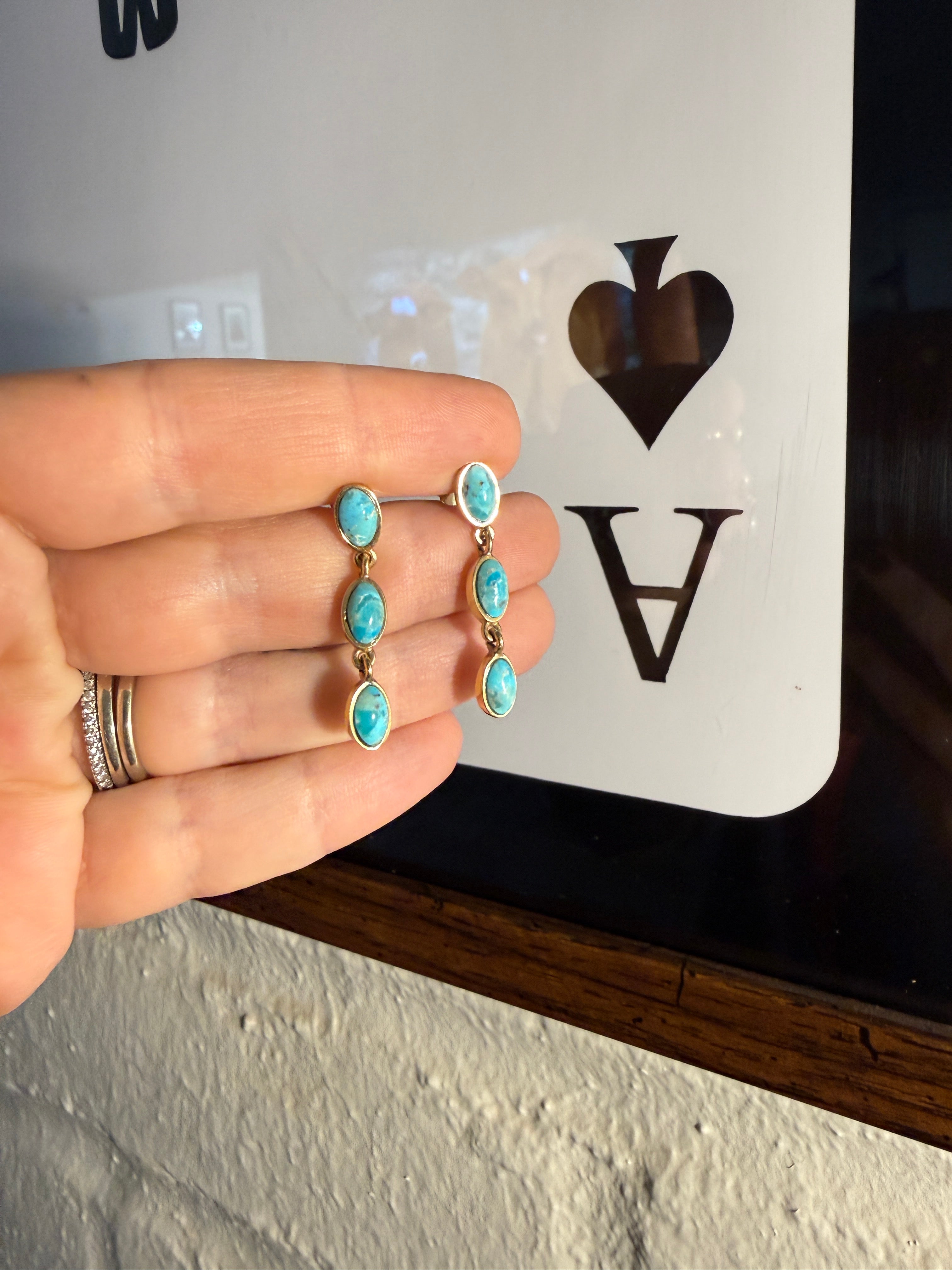 “The Golden Collection” 3 TIMES THE BLUE Handmade Gold Plated Sterling Silver & Turquoise Post Dangle Earrings