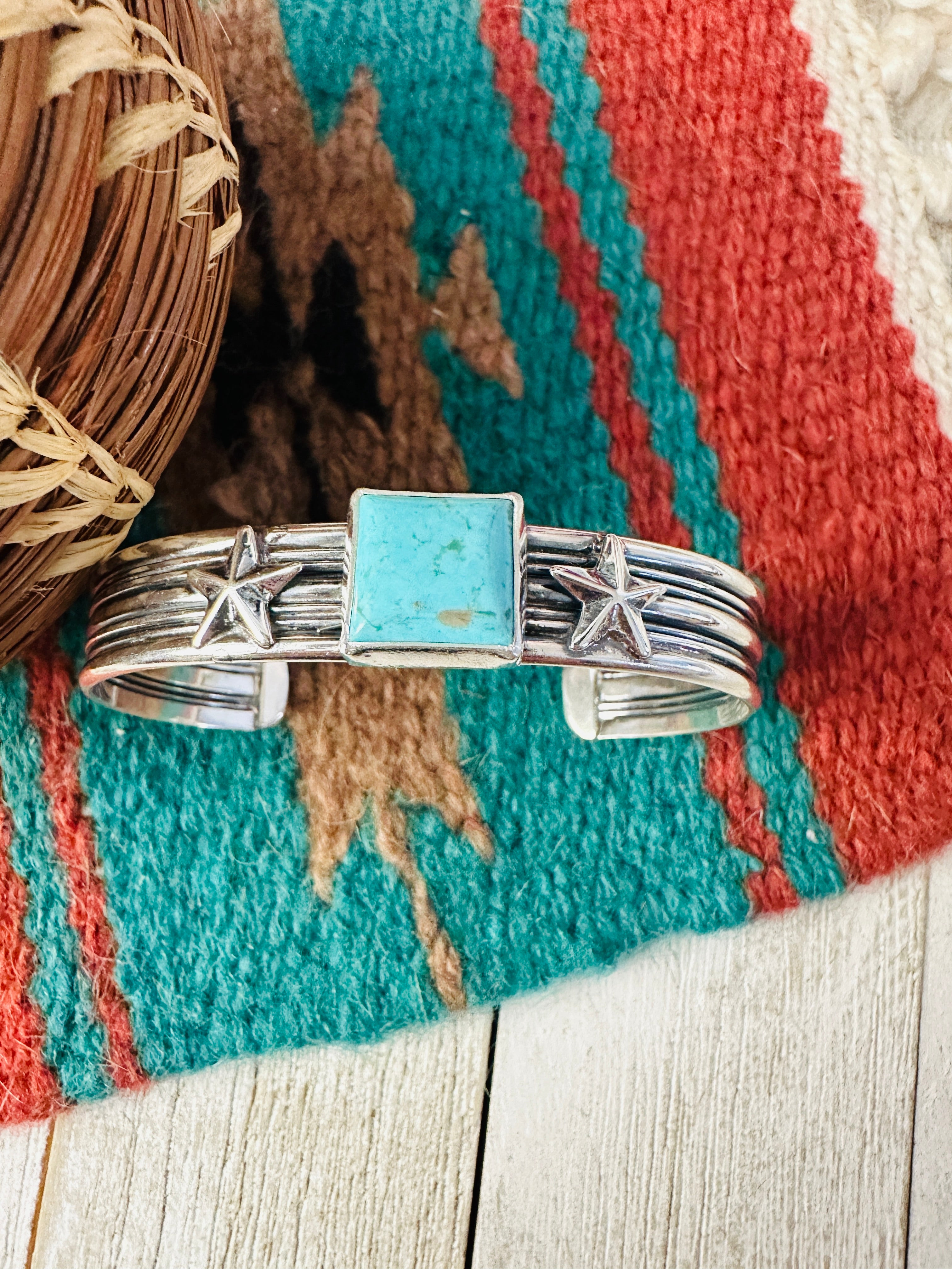 Navajo Turquoise & Sterling Silver Star Cuff Bracelet