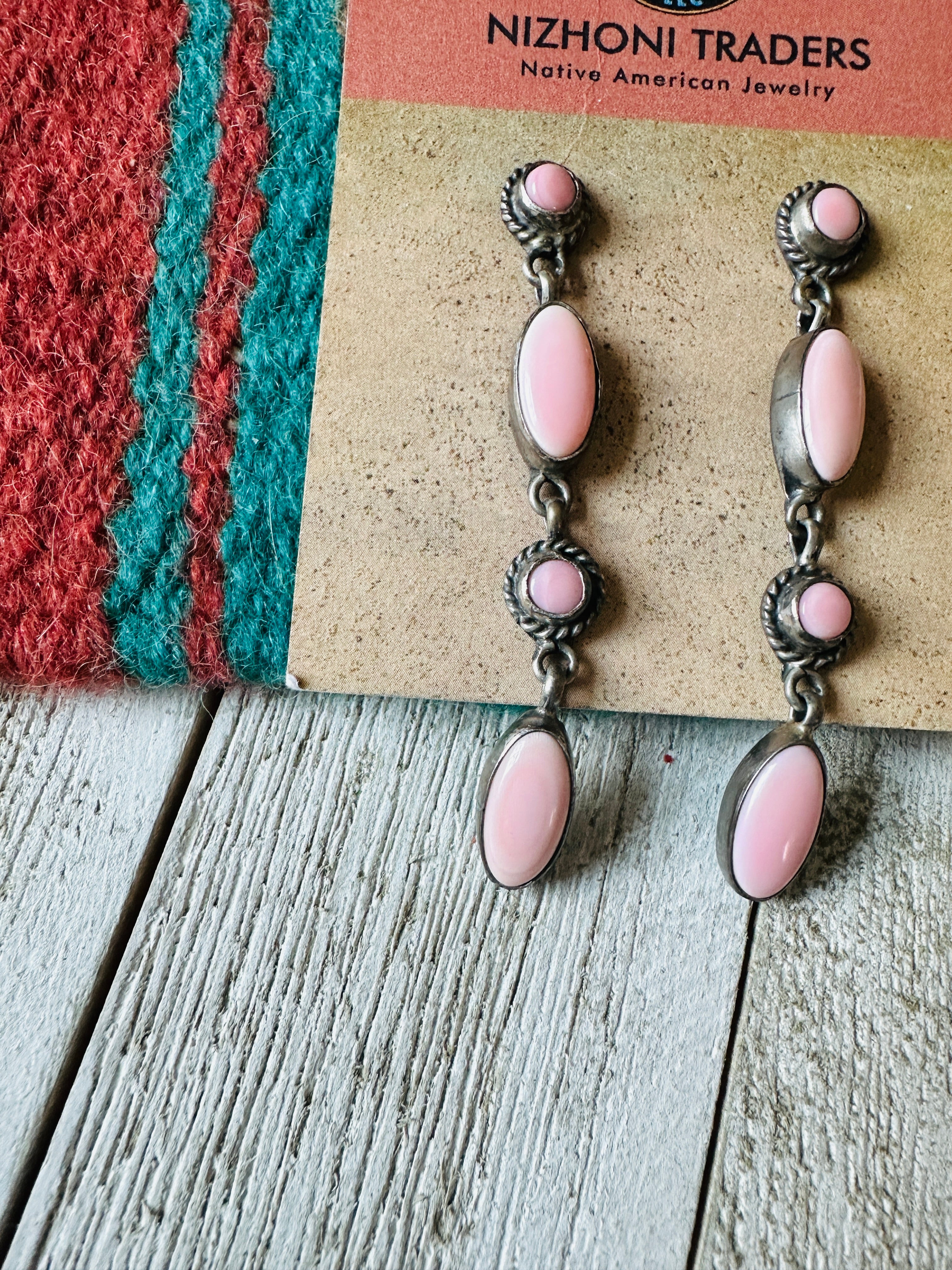 Navajo Queen Pink Conch & Sterling Silver 4-Stone Dangle Earrings