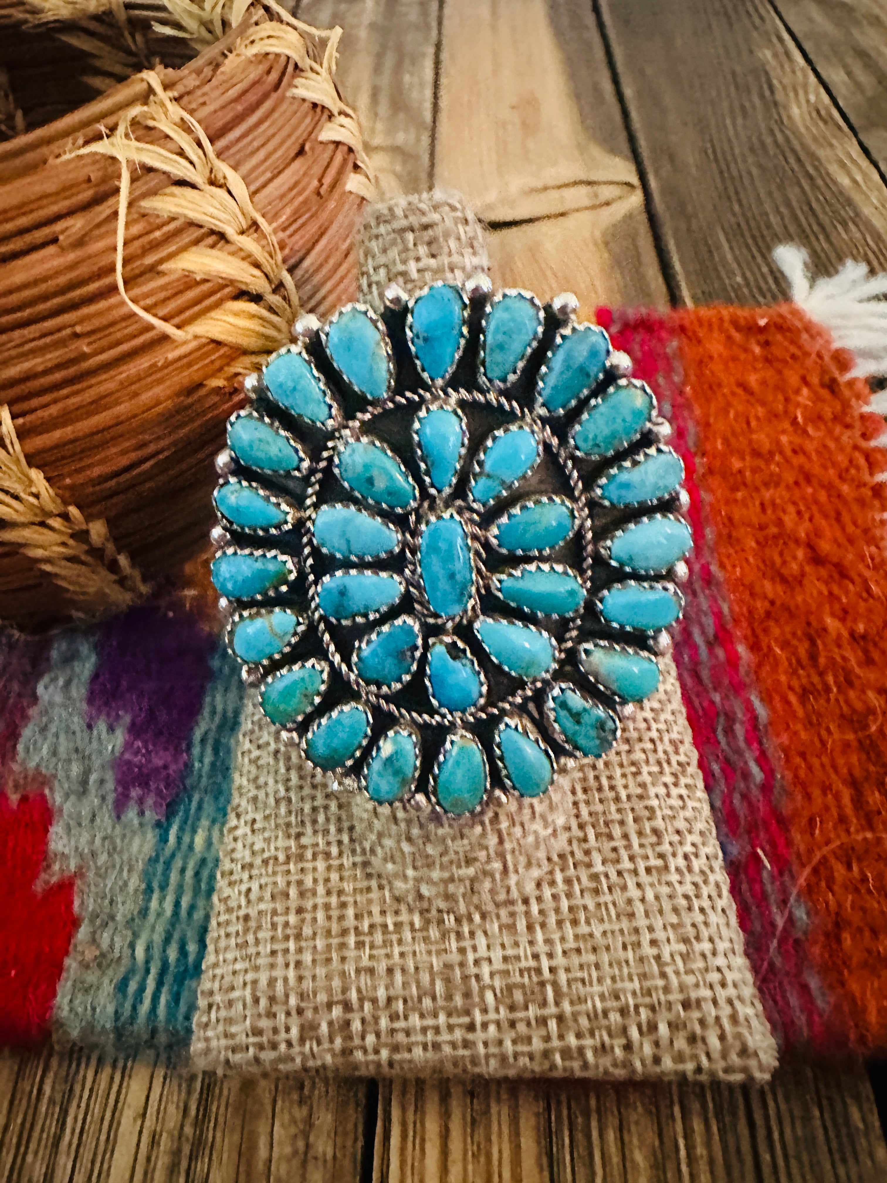 Handcrafted Turquoise & Sterling Silver Adjustable Cluster Ring