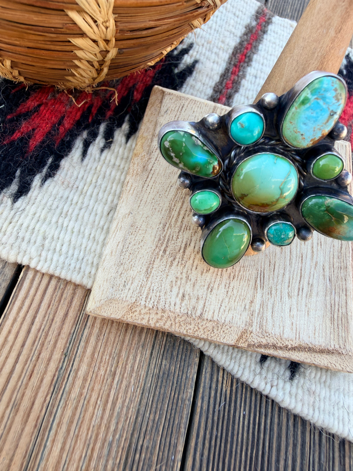 Handcrafted Turquoise & Sterling Silver Cluster Adjustable Ring