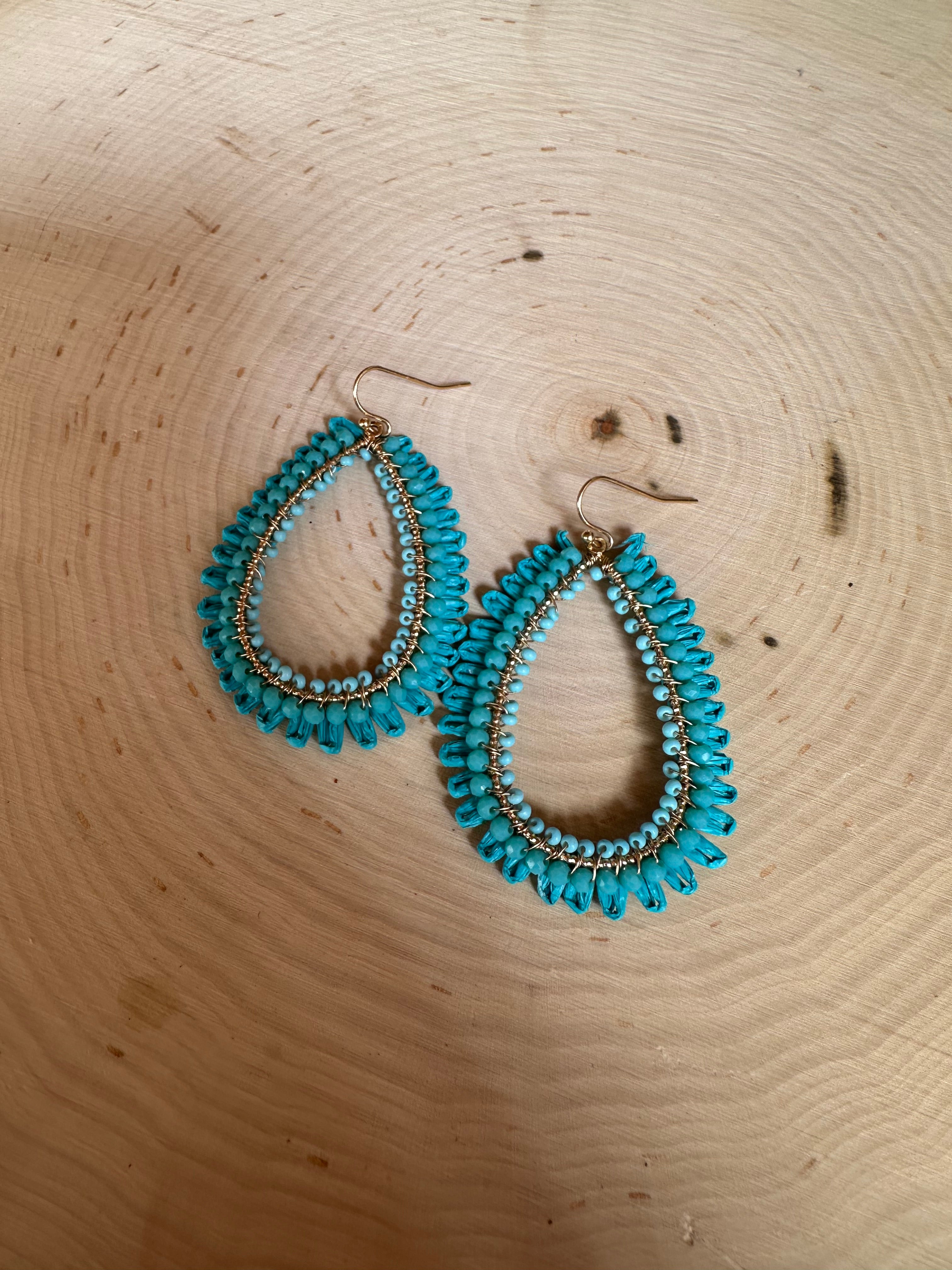 “The Golden Collection” Handmade Turquoise & Gold Plated Beaded Tear Drop Hoop Earrings