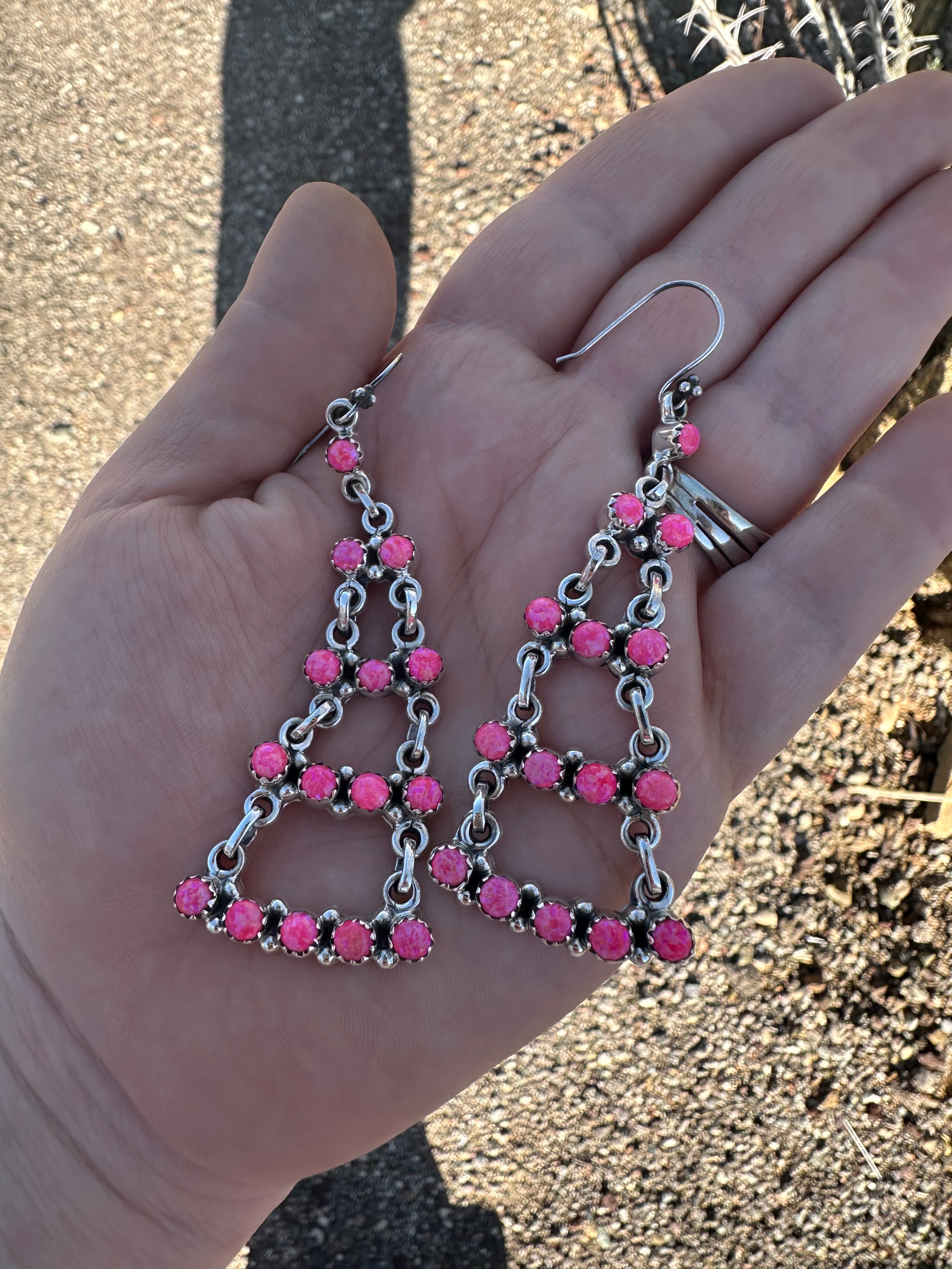 Handmade Hot Pink Fire Opal and Sterling Silver Dangle Earrings