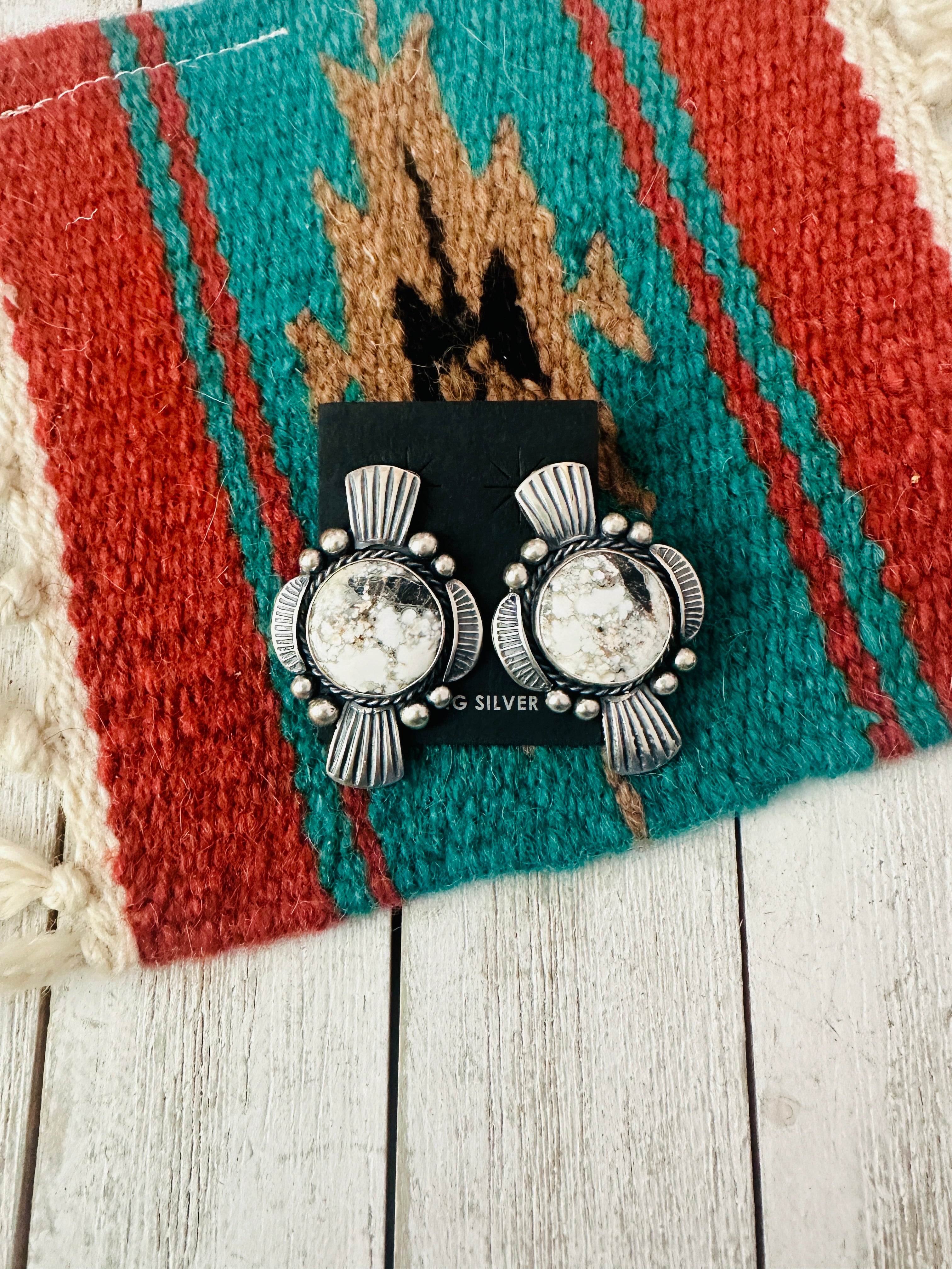 Navajo White Buffalo & Sterling Silver Post Earrings