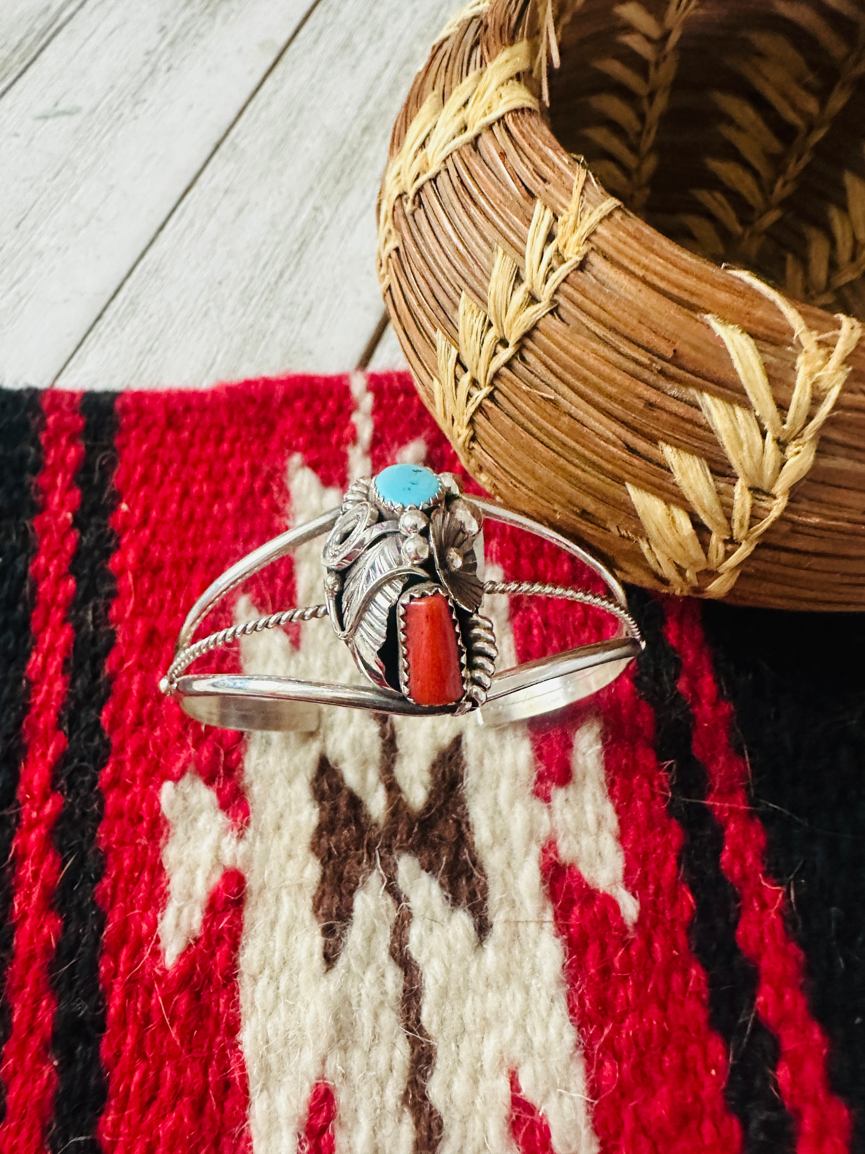 Navajo Turquoise, Coral & Sterling Silver Cuff Bracelet