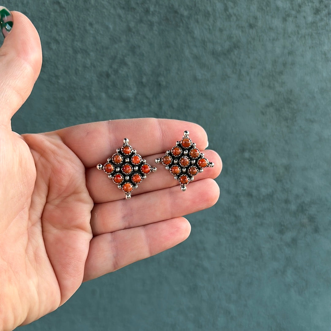 “Cowgirl Whispers” Handmade Orange Mojave And Sterling Silver Post Earrings Signed Nizhoni