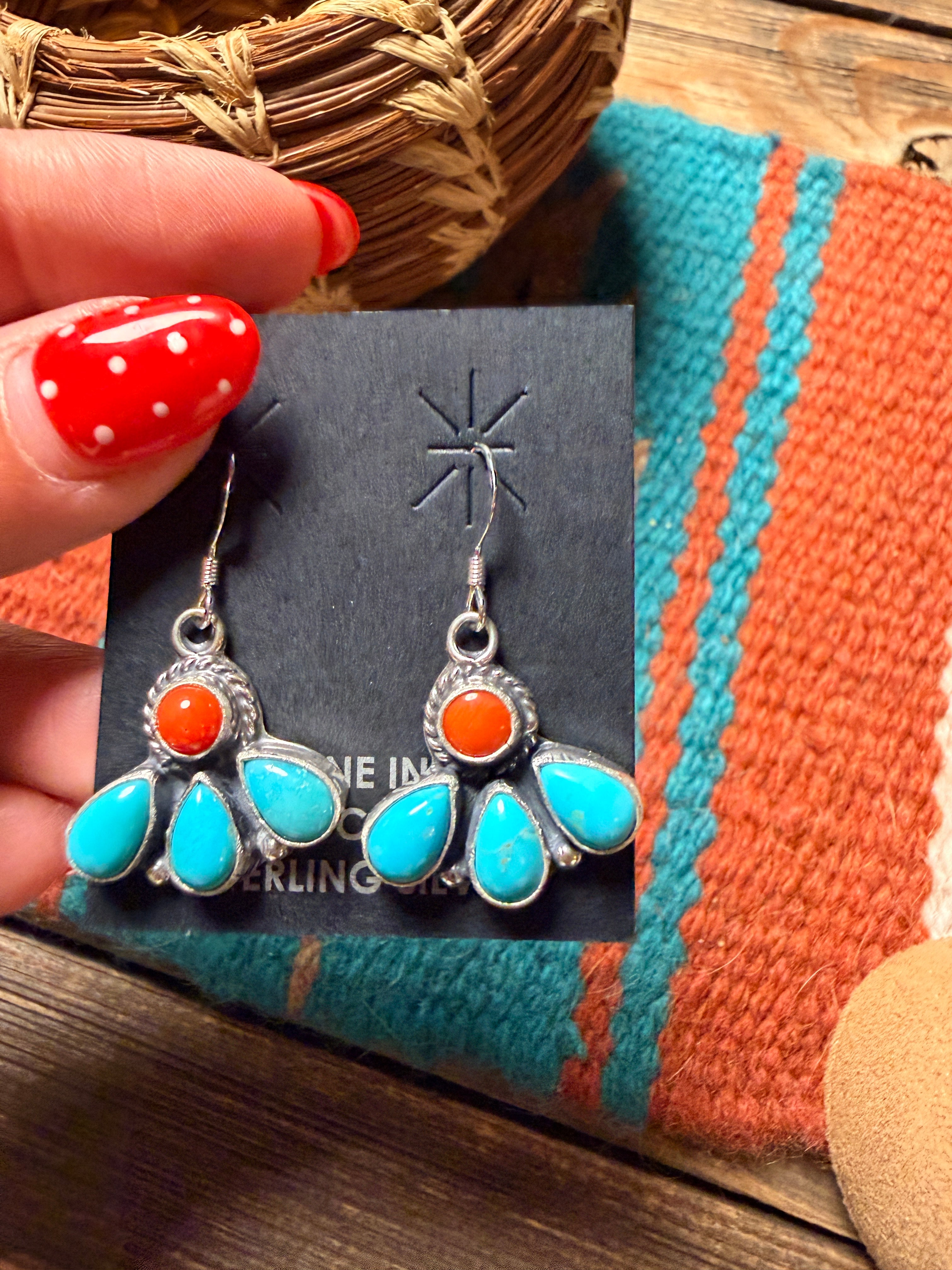 Handcrafted Turquoise, Coral & Sterling Silver Dangle Earrings