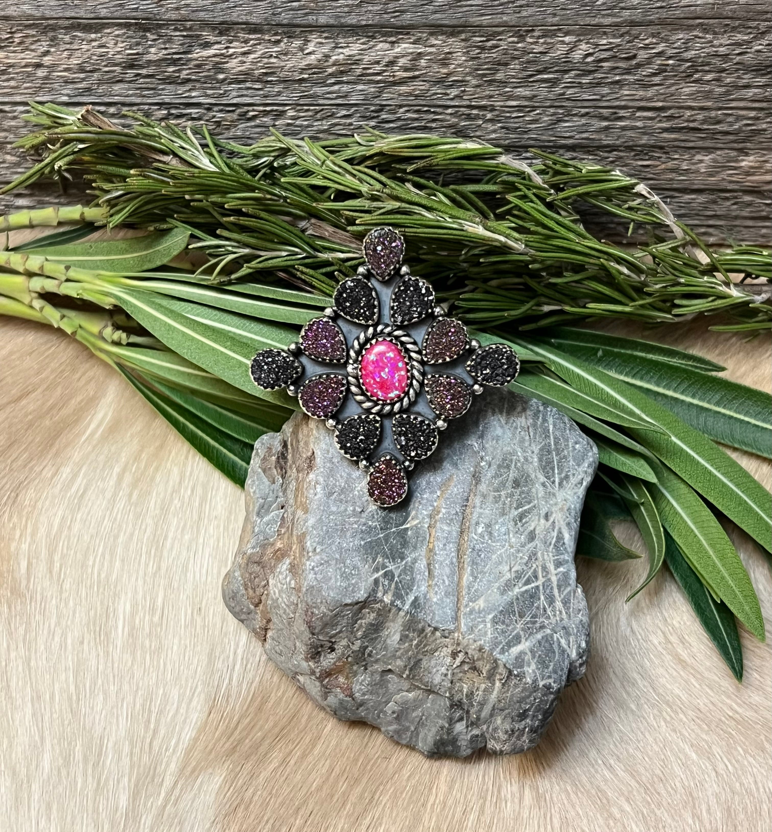 Handmade Pink Opal With Black & Purple Druzy Sterling Silver Adjustable Statement Ring