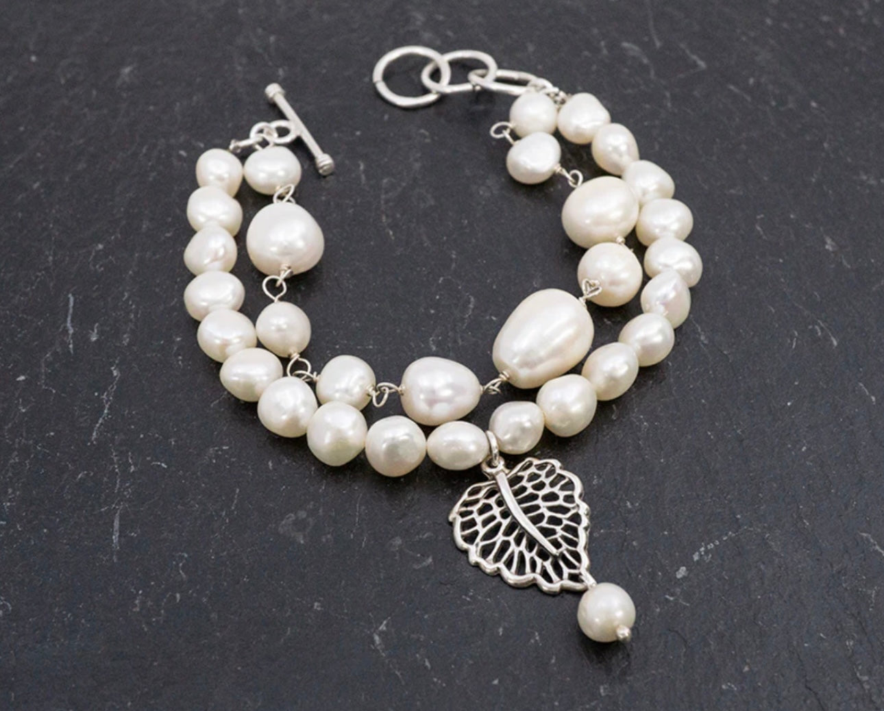 Pearl Bracelet with Leaf Dangle Sterling Silver