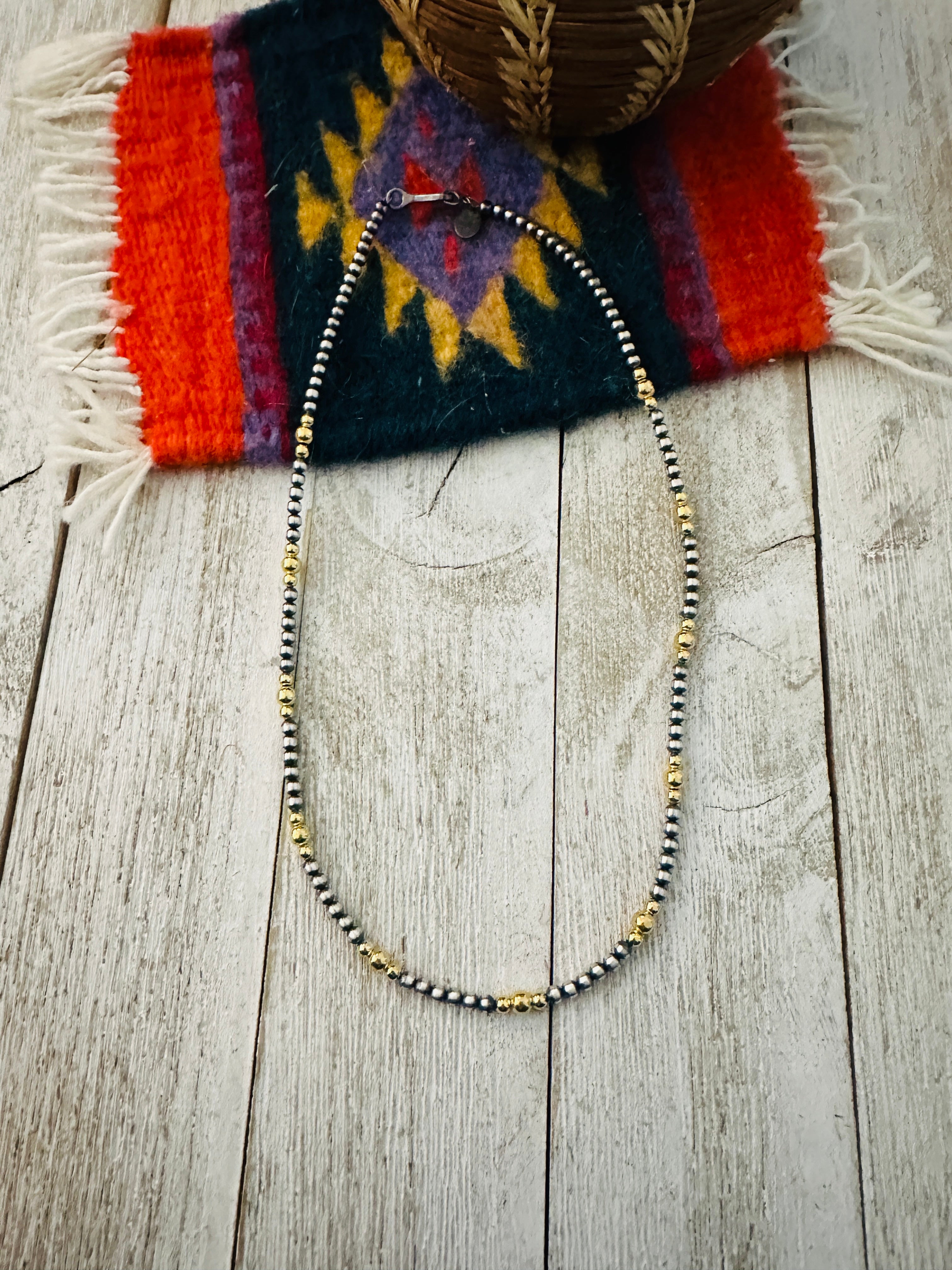 Navajo Sterling Silver & Gold Beaded 16” Necklace