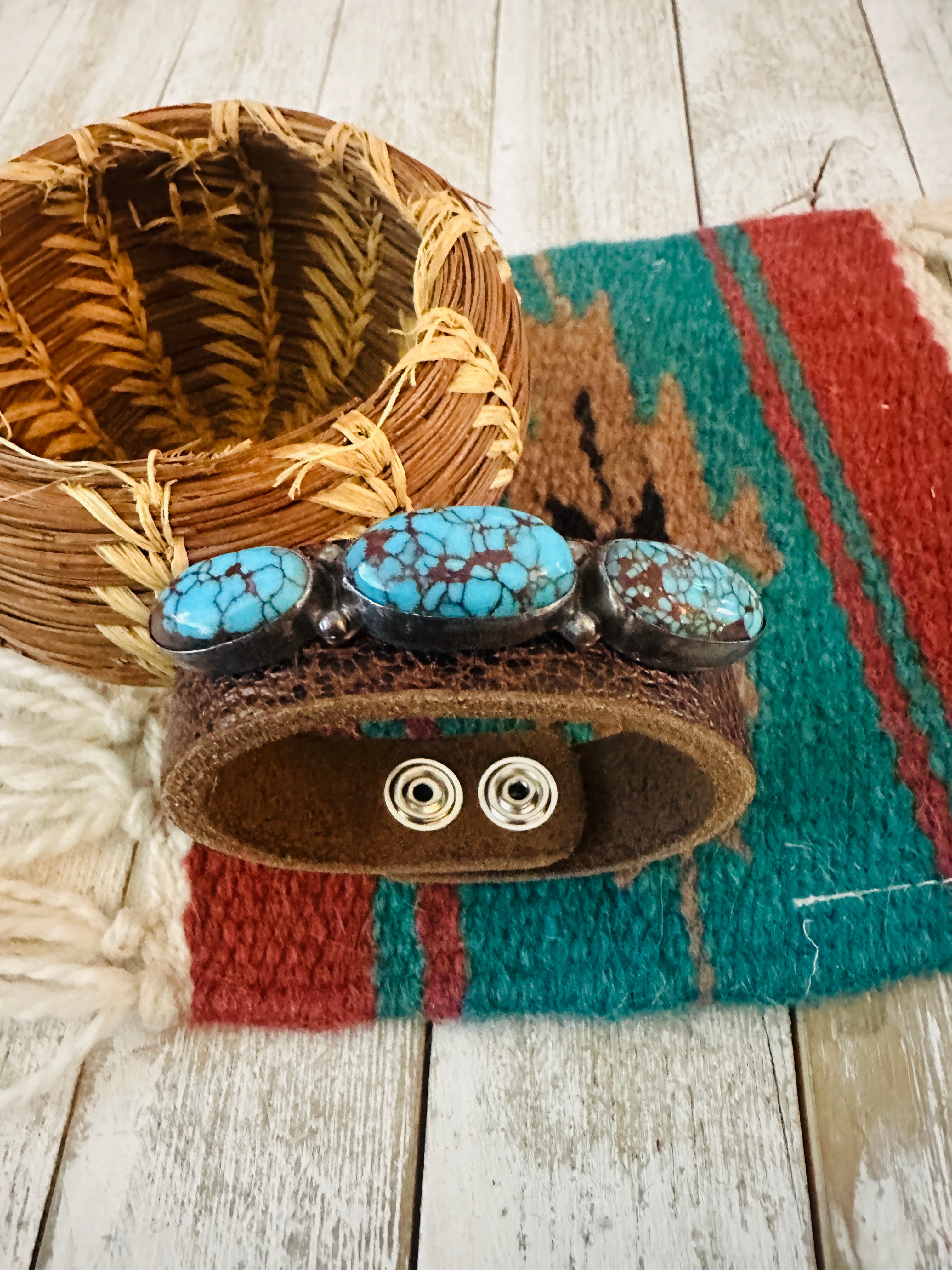 Handcrafted Egyptian Turquoise & Sterling Silver Leather Bracelet