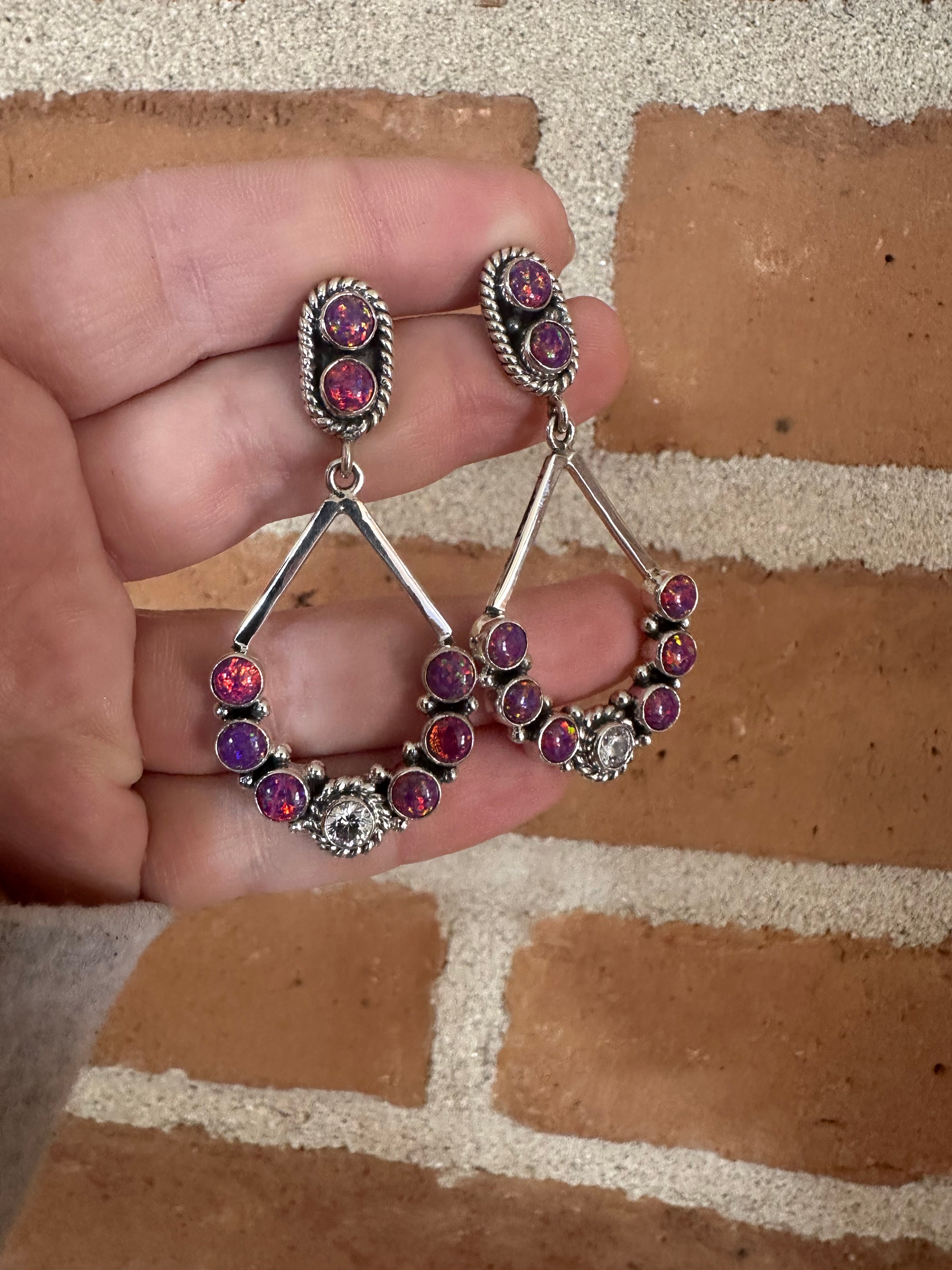 Handmade Dark Pink Fire Opal, CZ and Sterling Silver Handmade Dangles