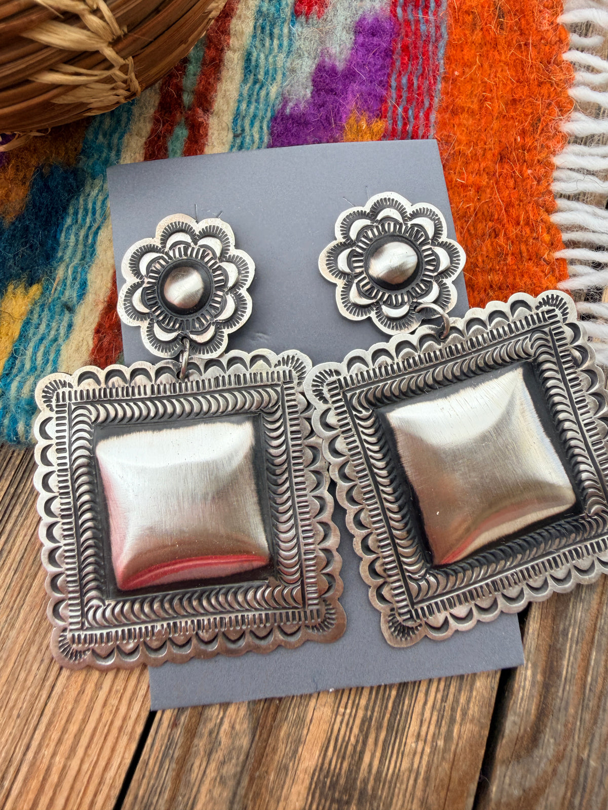 Handcrafted Sterling Silver Concho Dangle Earrings by Leander Tahe